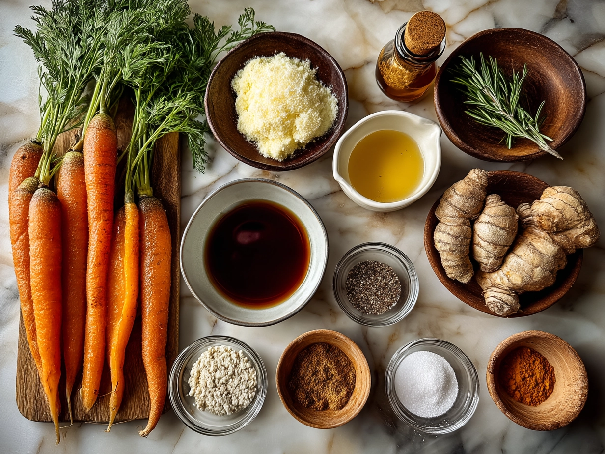 Ingredients for Maple Carrot Fries laid out on a wooden surface