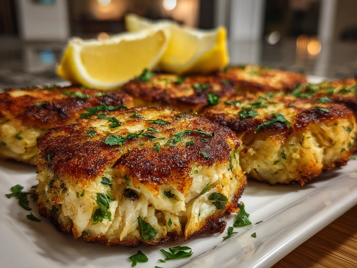 Fresh and crispy Maryland Crab Cakes plated with a lemon wedge and dipping sauce