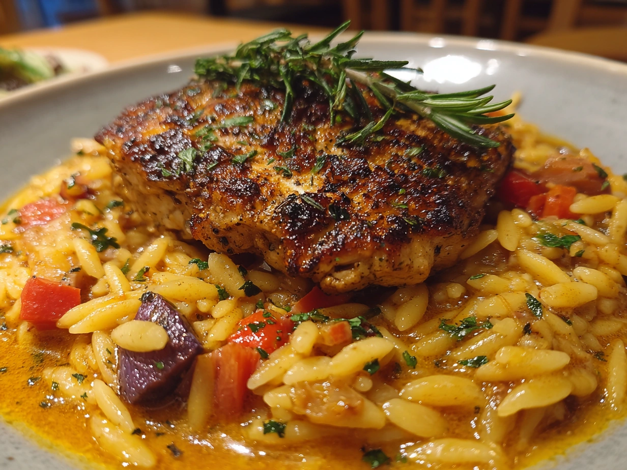 Finished Mediterranean Chicken and Orzo served on a plate with fresh herbs