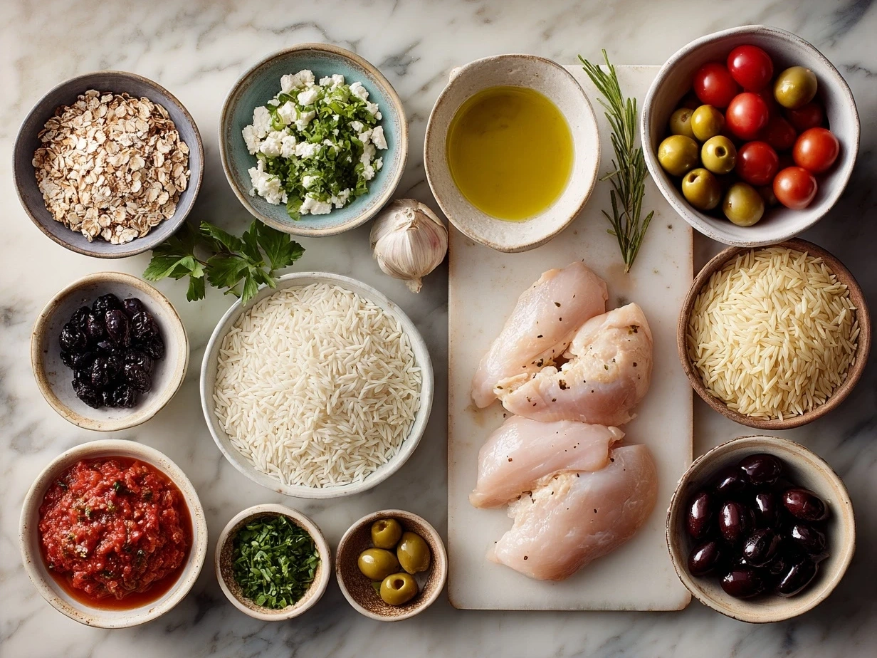 Ingredients laid out for Mediterranean Chicken and Orzo including chicken, orzo, vegetables, and herbs