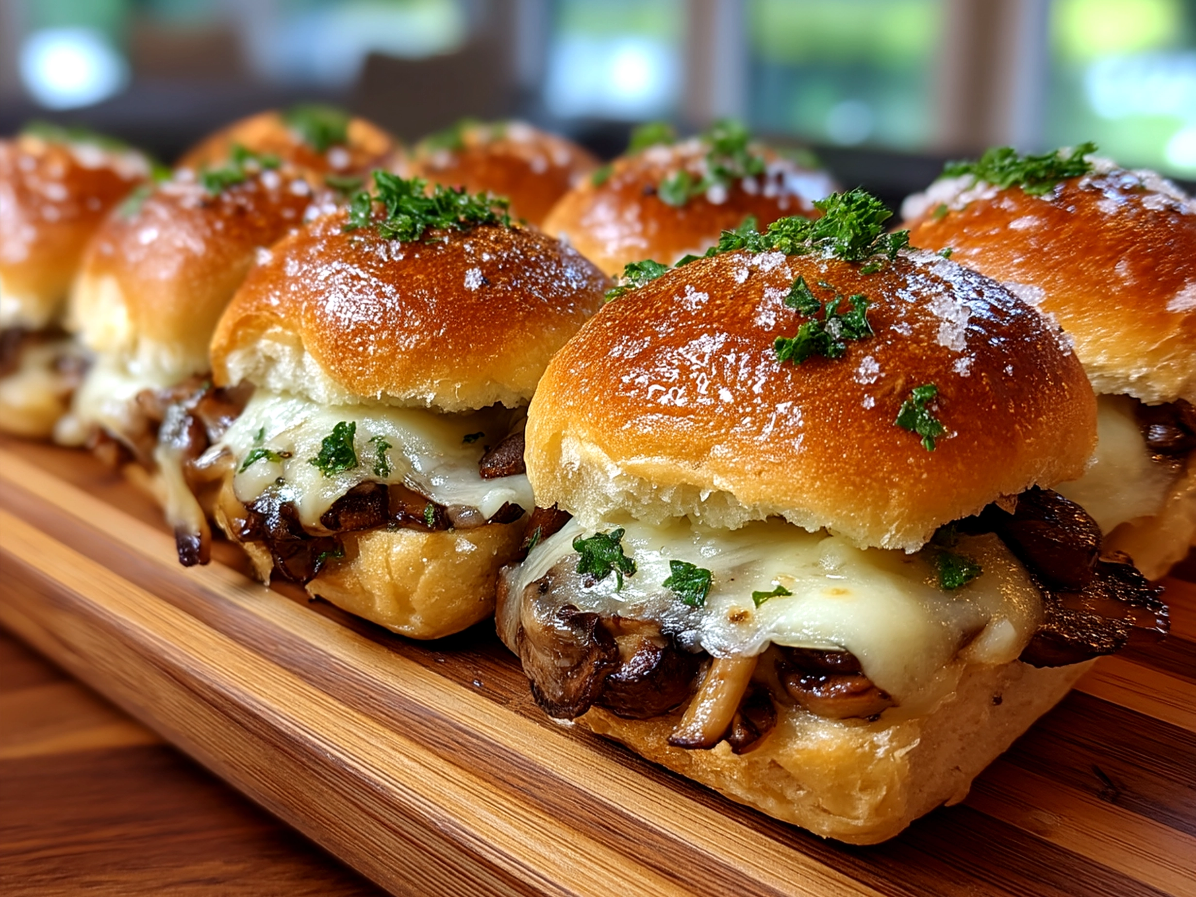 Mini Mushroom Swiss Sliders served with fresh sides on a wooden platter