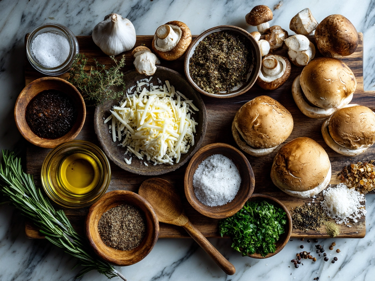 Ingredients for Mini Mushroom Swiss Sliders laid out on a kitchen counter