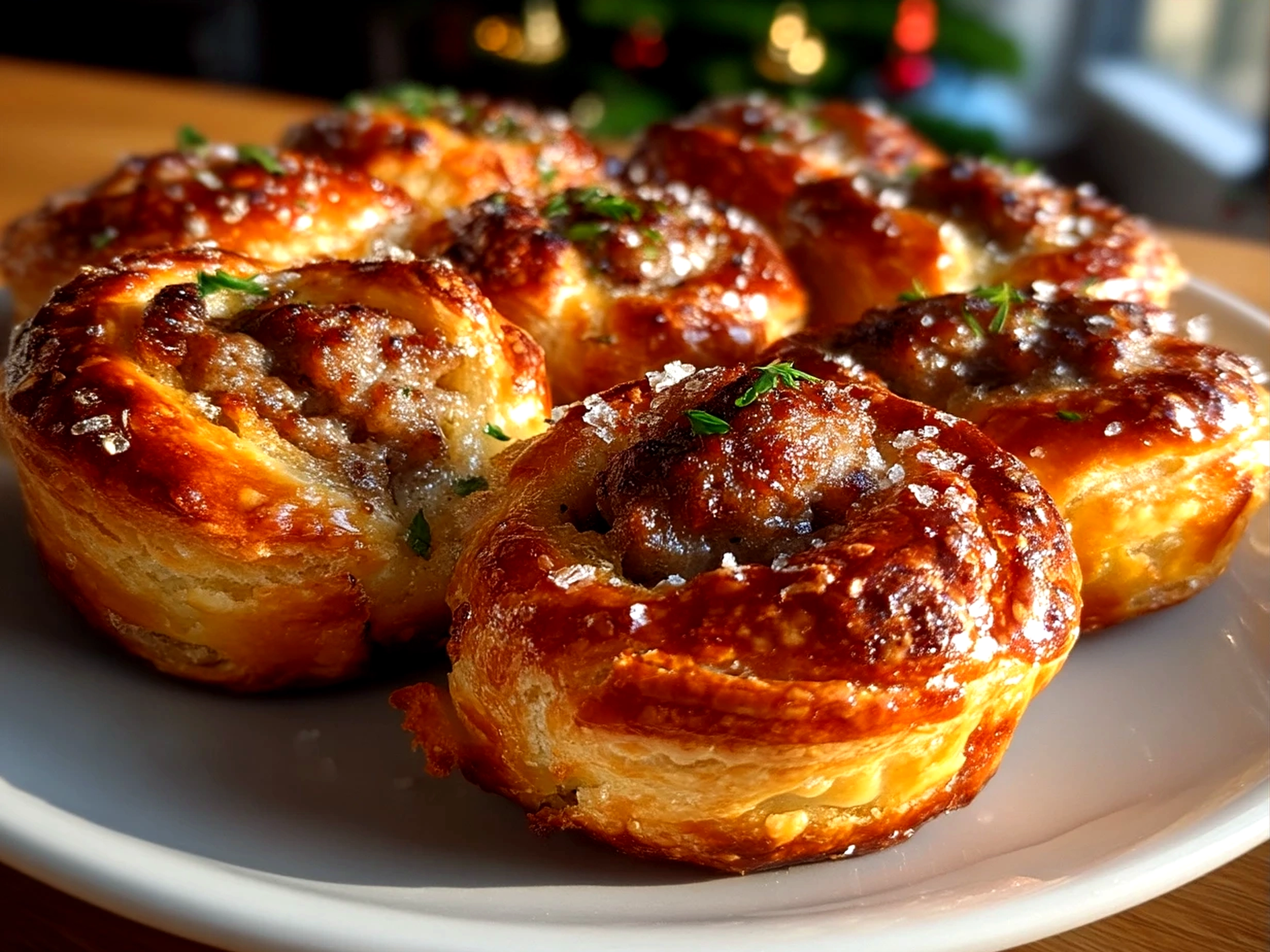 Beautifully arranged mini sausage roll wreaths served on a rustic board