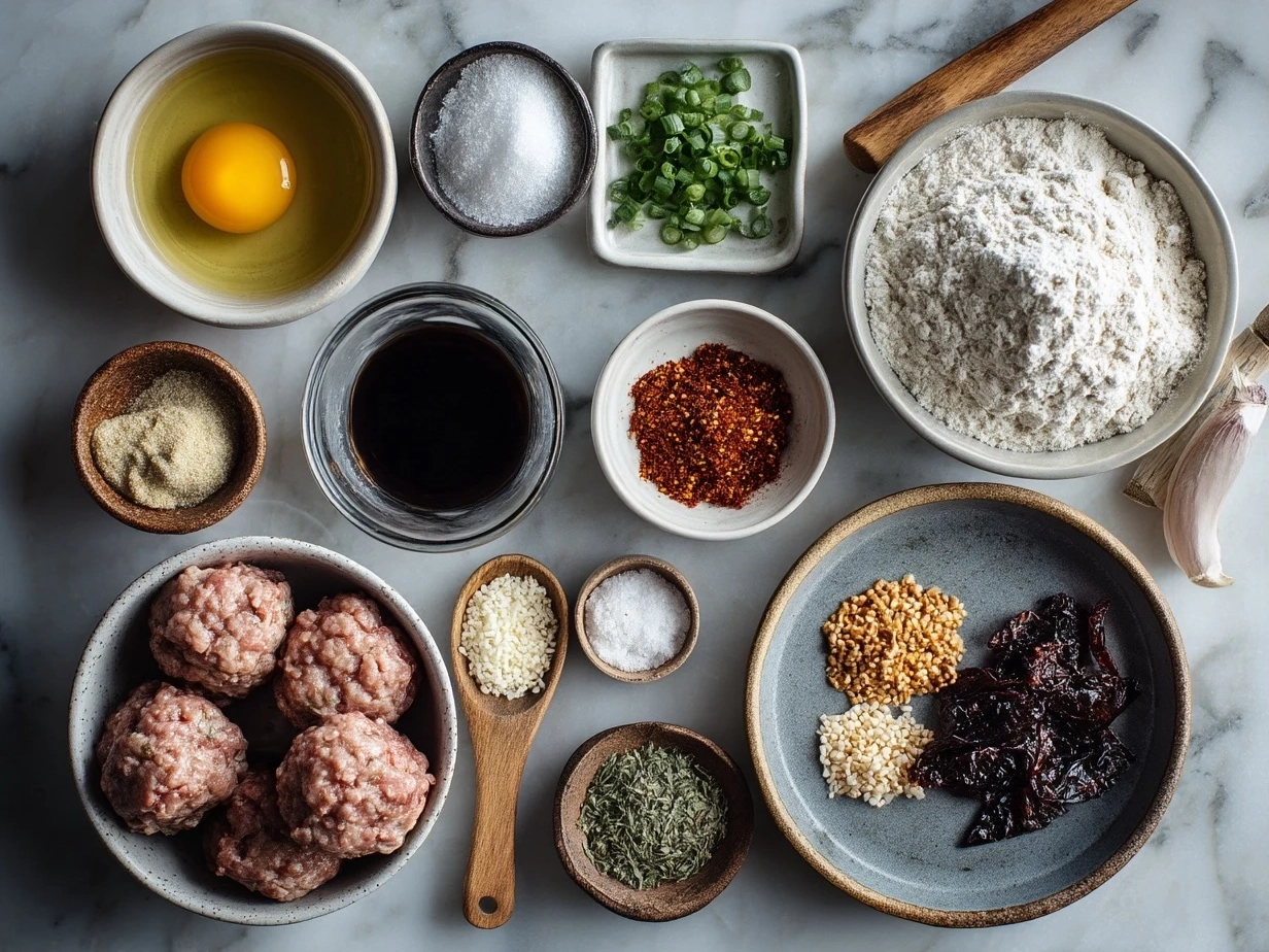 Ingredients for mini sausage roll wreaths including puff pastry, sausage meat, onion, garlic, parsley, and egg