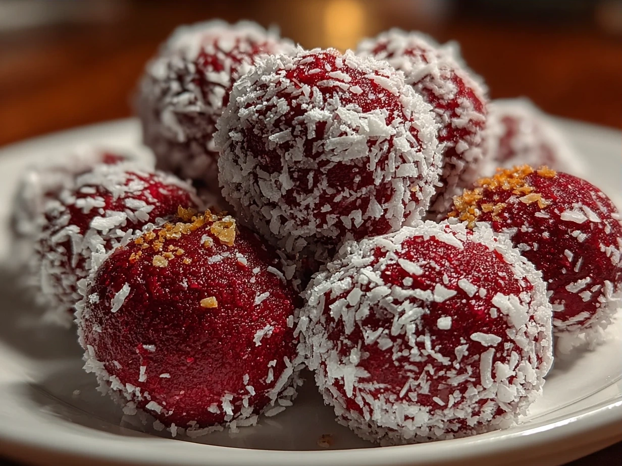 Finished No-Bake Red Velvet Snowball Truffles in a bowl dusted with powdered sugar