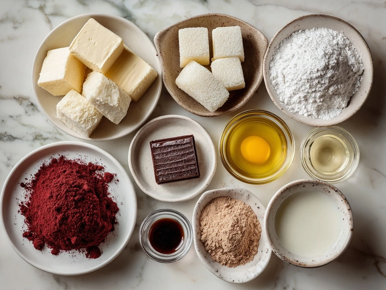 Ingredients for No-Bake Red Velvet Snowball Truffles including cream cheese, cake crumbs, and powdered sugar