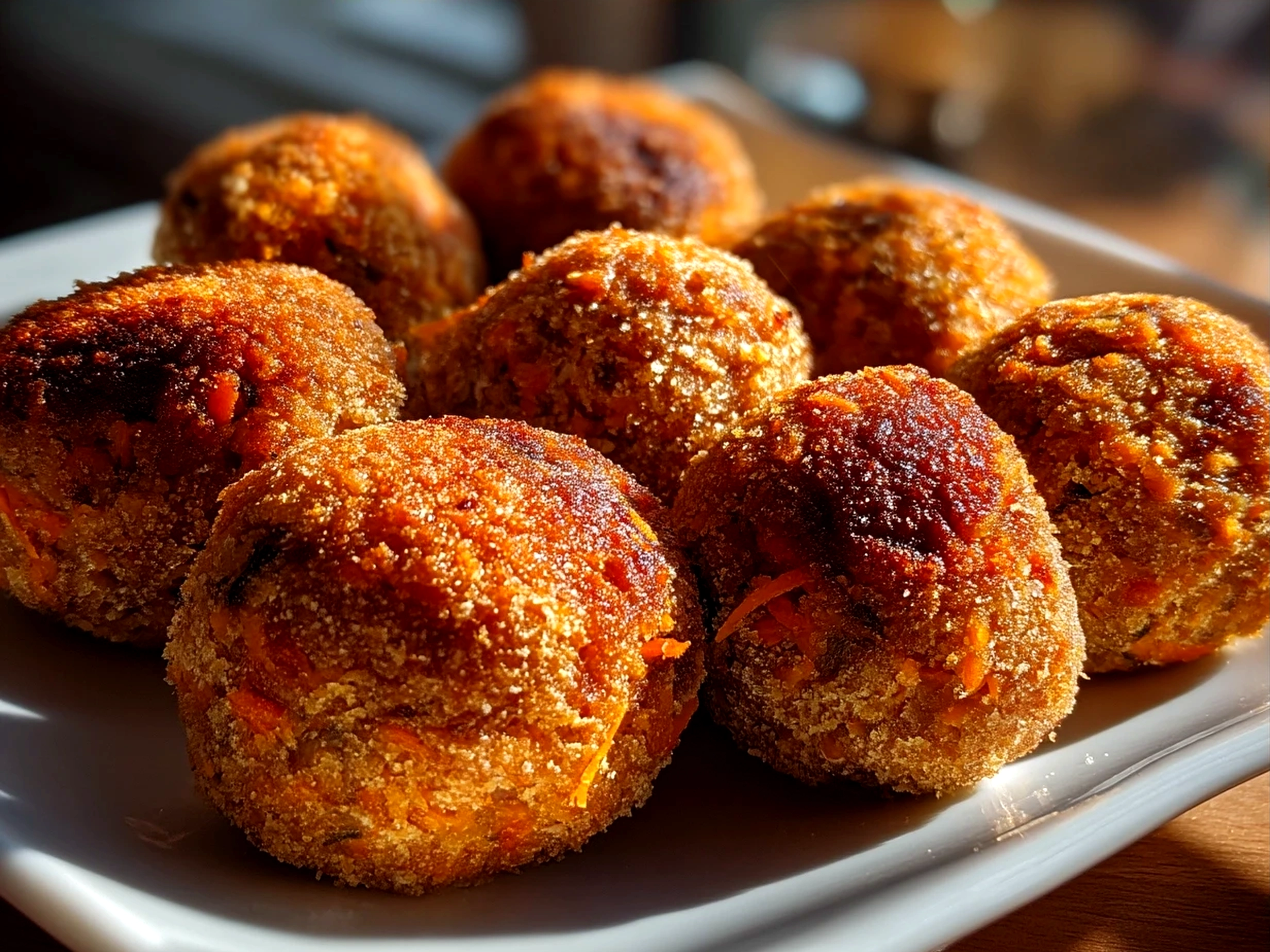 No Bake Carrot Cake Bites served with tea and fresh fruit on a plate