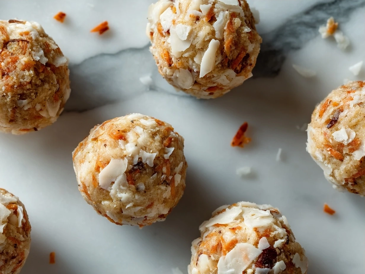 Ingredients for No Bake Carrot Cake Bites including shredded carrots, oats, dates, almond flour, spices, and nut butter