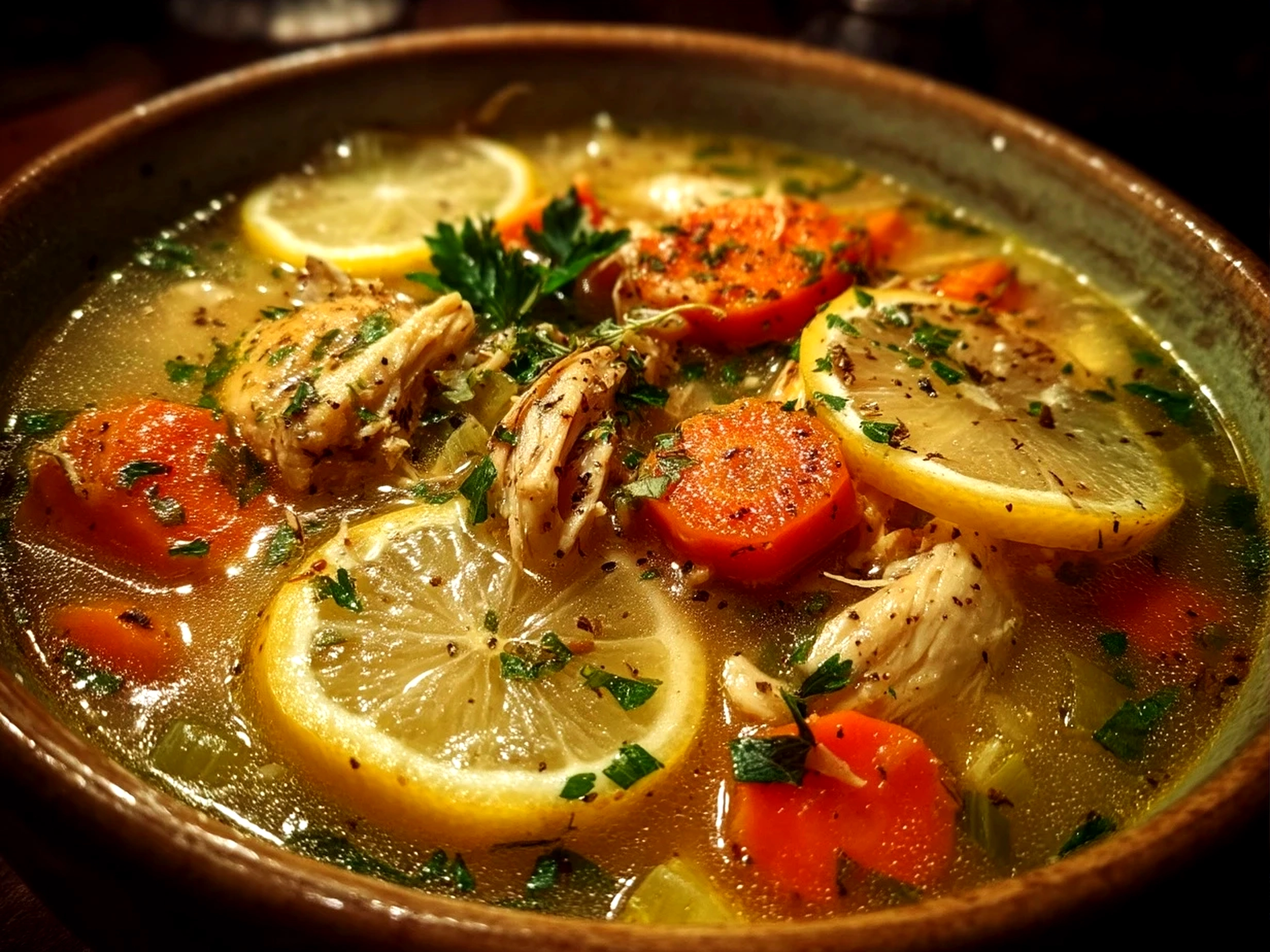 A bowl of One-Pot Lemon Chicken Soup served with crusty bread on the side