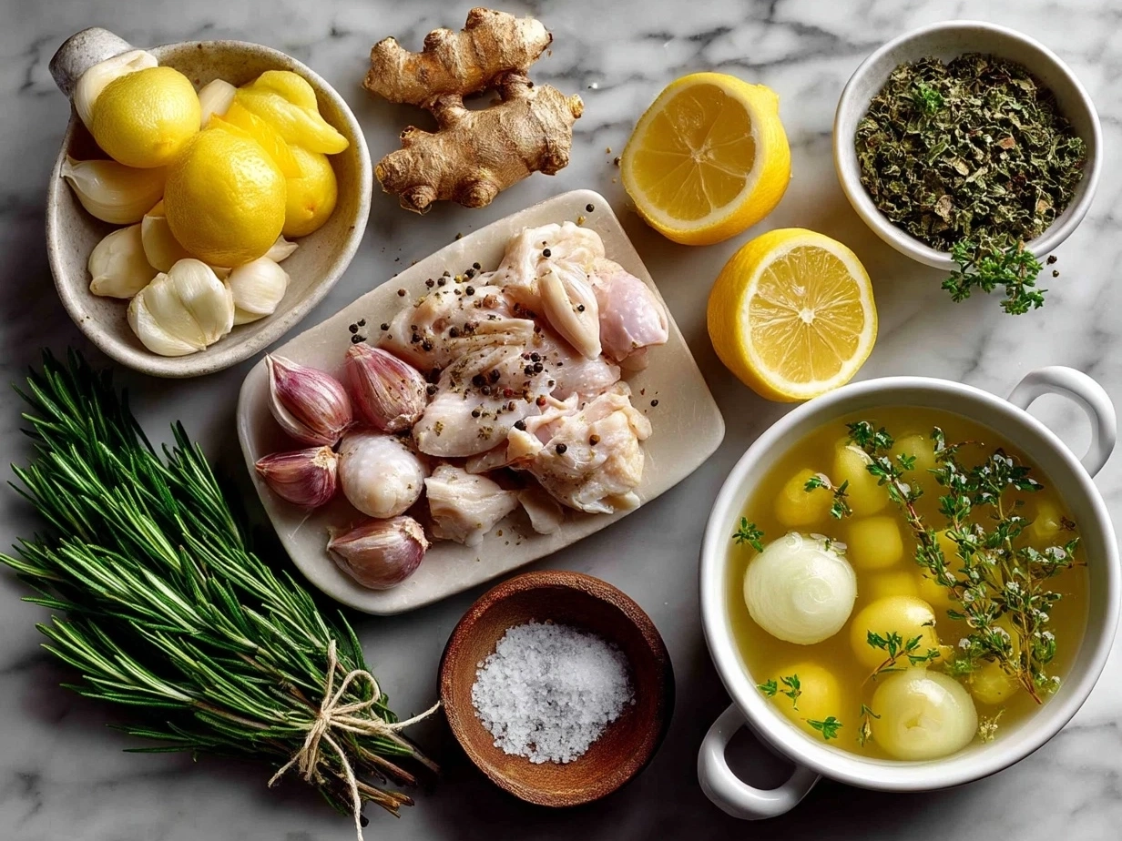 Ingredients for One-Pot Lemon Chicken Soup laid out on kitchen counter