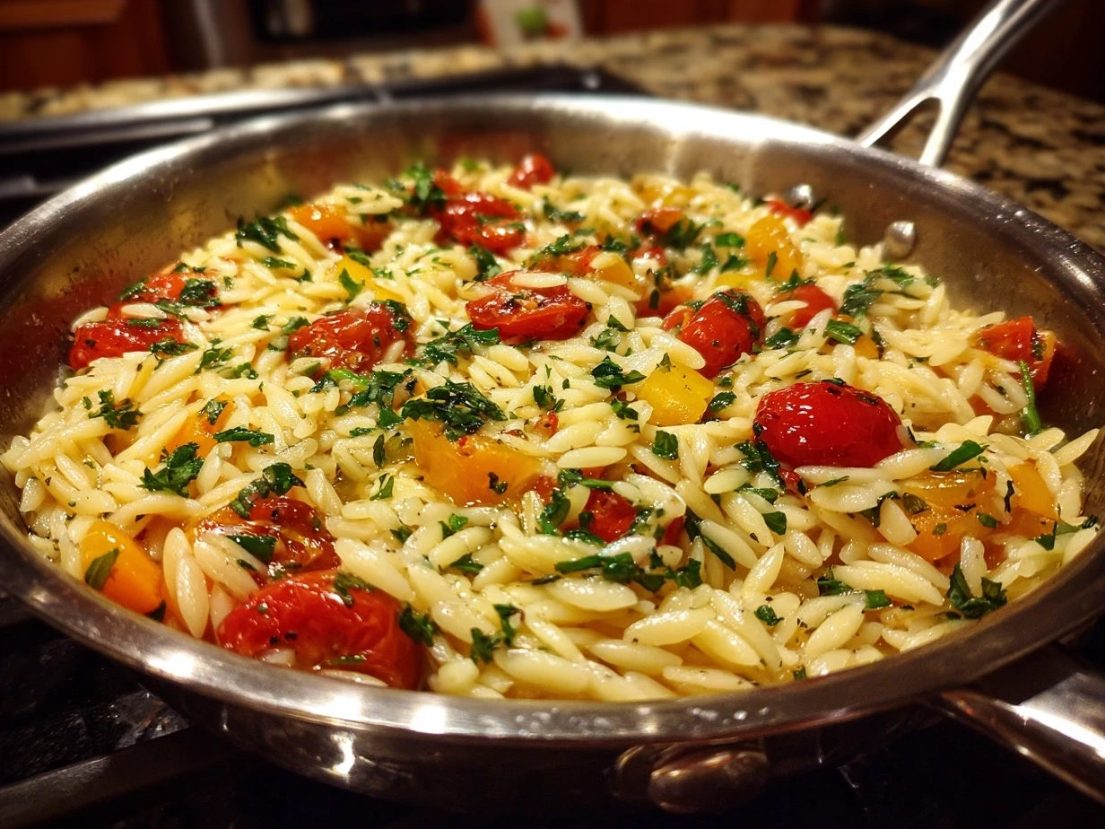 Serving plate of creamy One-Pot Veggie Cream Orzo garnished with fresh herbs