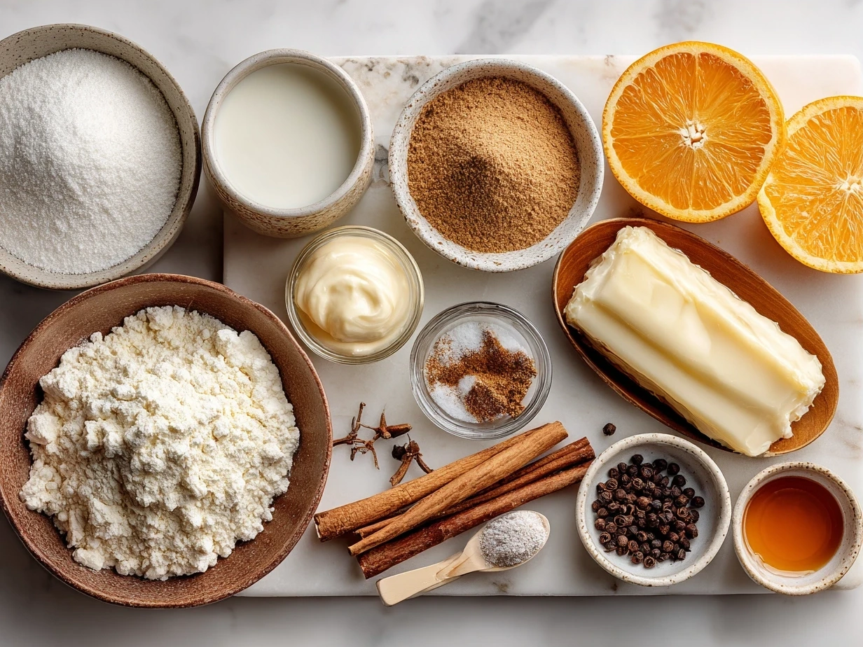 Ingredients for Orange Clove Cookies including flour, spices, orange zest, and sugar
