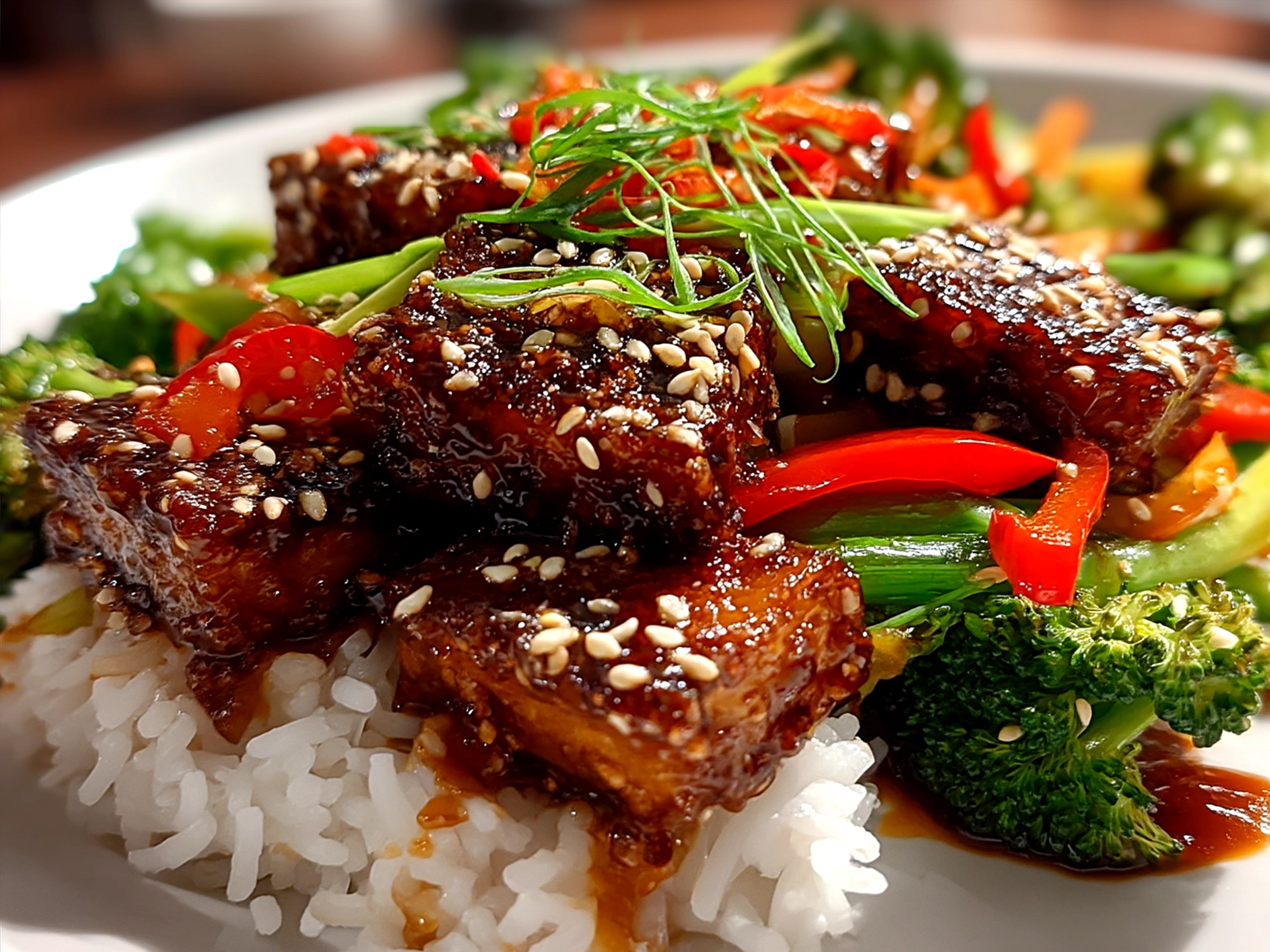 Orange Glazed Tempeh Stir Fry served with rice, garnished with sesame seeds and scallions