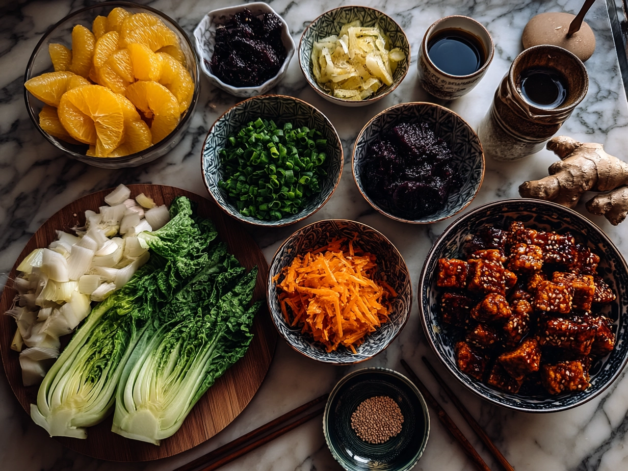 Ingredients for Orange Glazed Tempeh Stir Fry including tempeh, broccoli, bell pepper, carrot, garlic, ginger, and sauce ingredients
