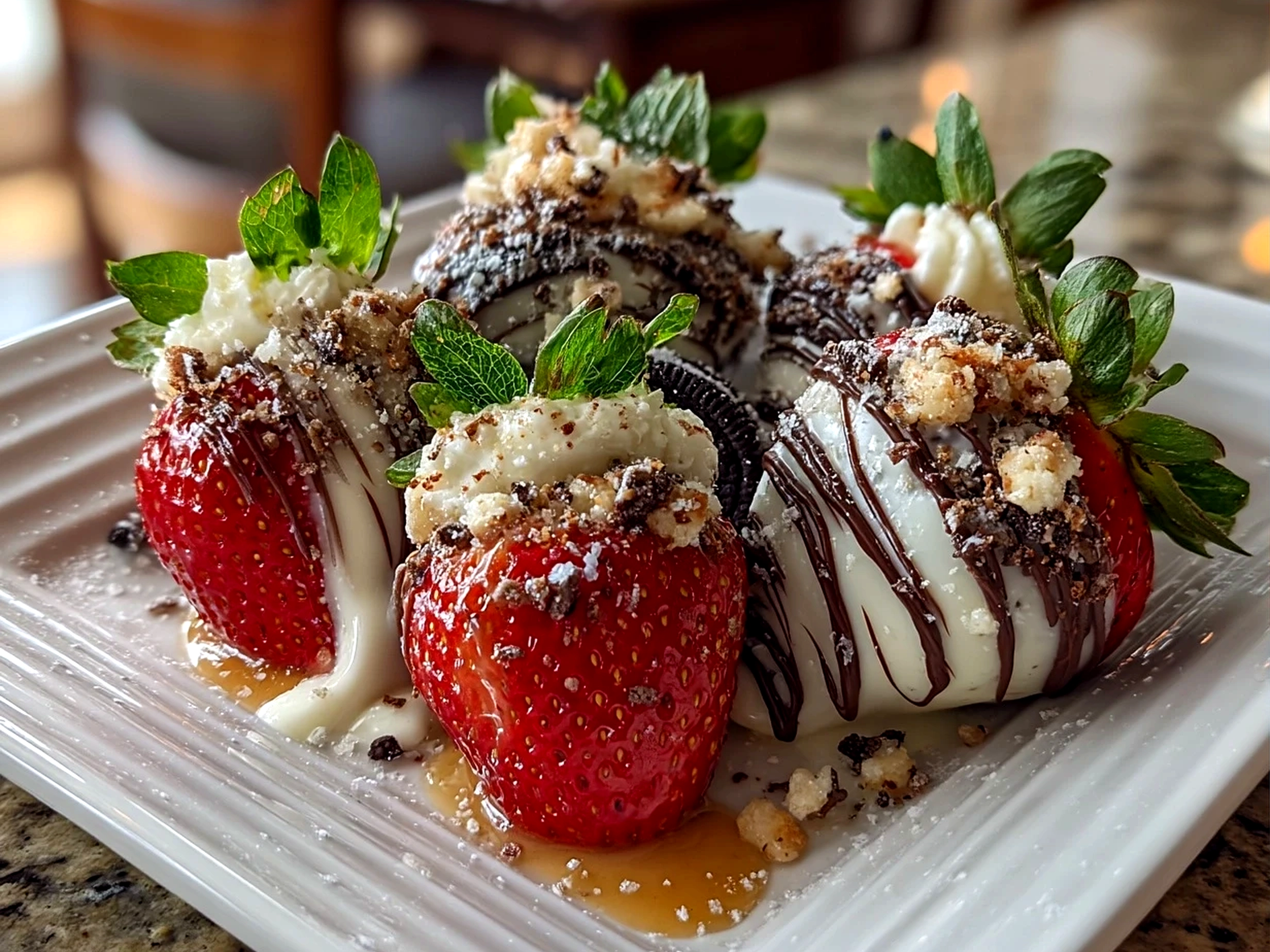 Serving tray with Oreo Truffle-Stuffed Strawberries garnished with crushed Oreos and white chocolate drizzle