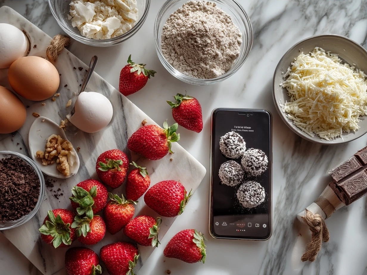 Ingredients for Oreo Truffle-Stuffed Strawberries laid out on a white surface