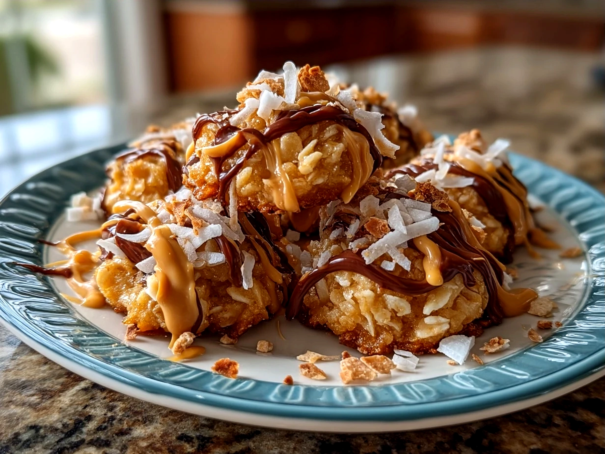 Freshly made Peanut Butter No Bake Cookies arranged on a rustic plate