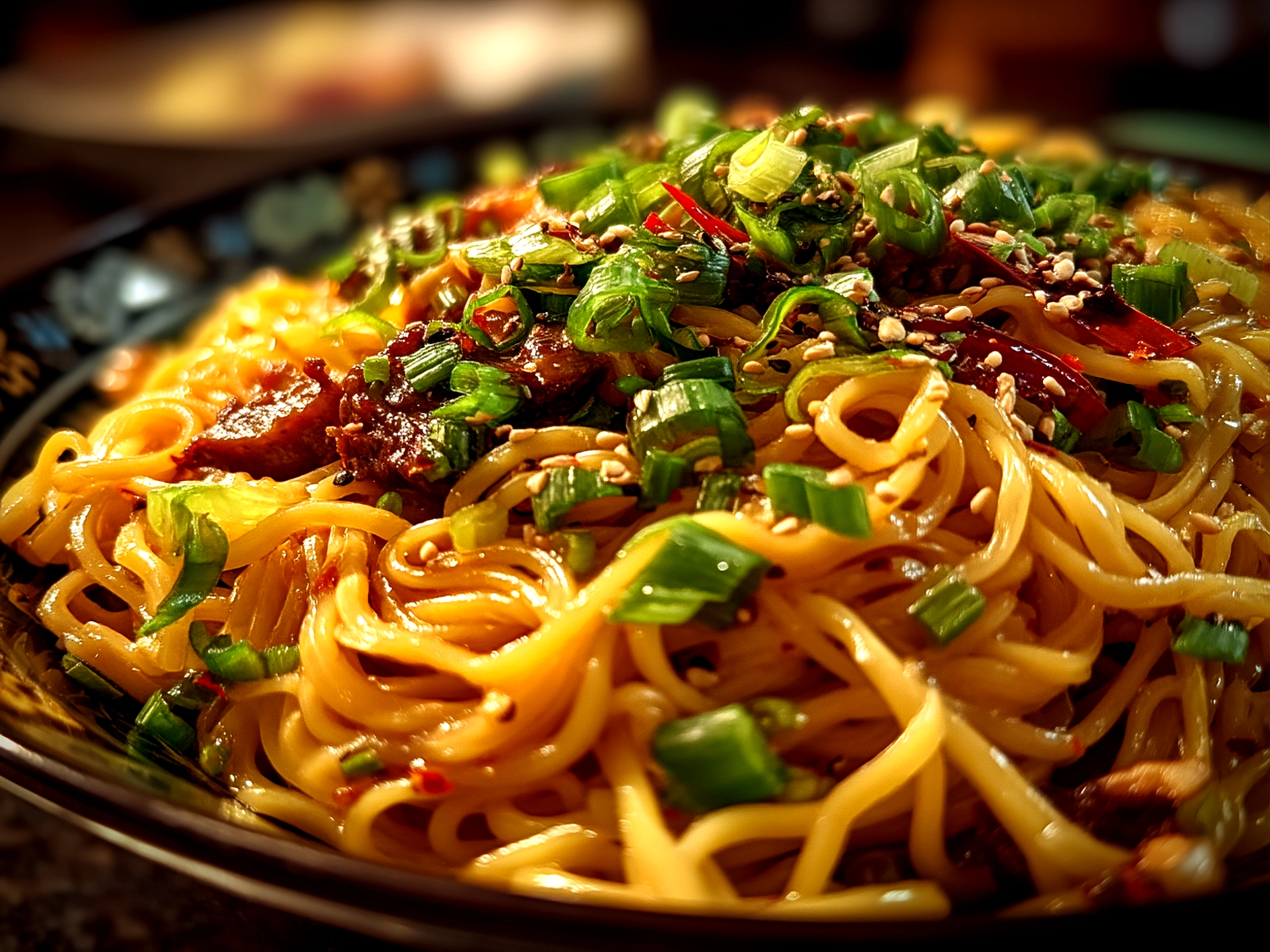Serving bowl of finished Peanut Noodles garnished with peanuts and green onions