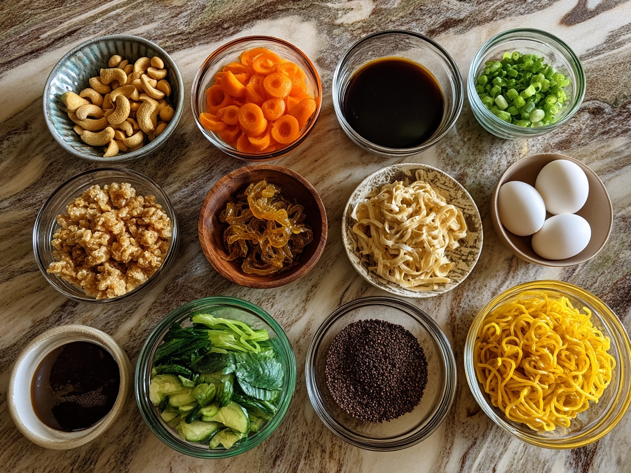 Ingredients for Peanut Noodles including noodles, peanut butter, soy sauce, sesame oil, vegetables and peanuts