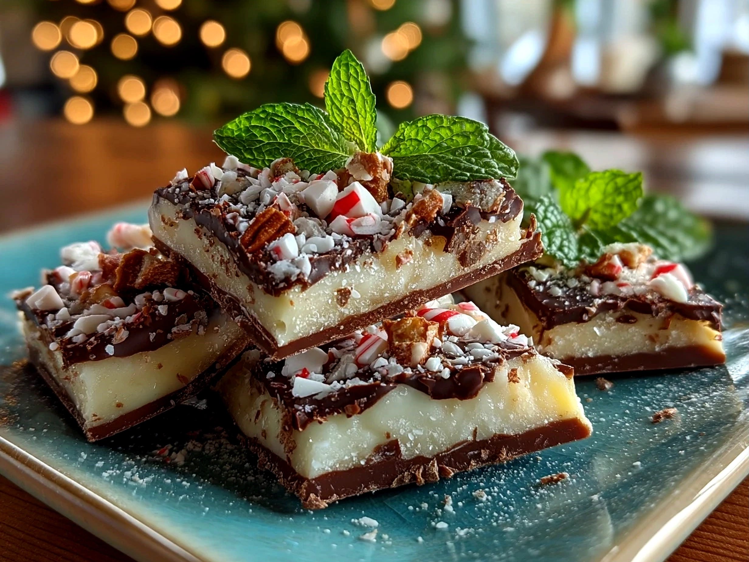 Freshly broken peppermint bark pieces arranged on a festive plate with garnishes