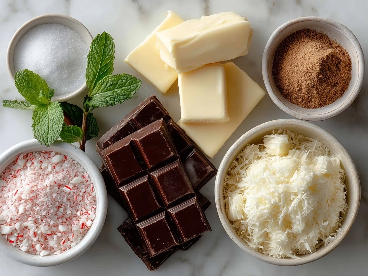 Ingredients for homemade peppermint bark including chocolate chips, peppermint extract, and crushed candies