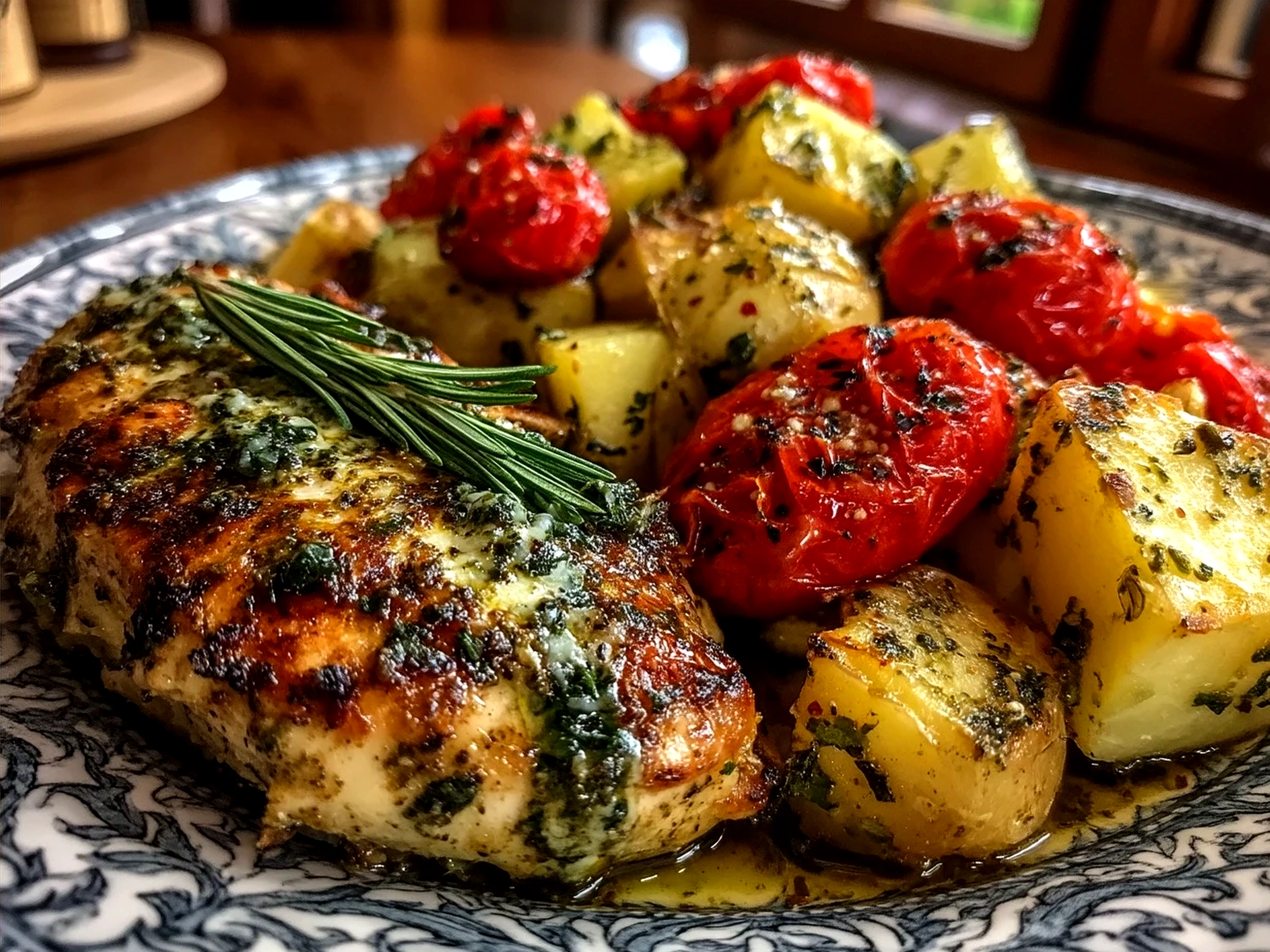 Plated pesto chicken served with roasted sweet potatoes and a green salad