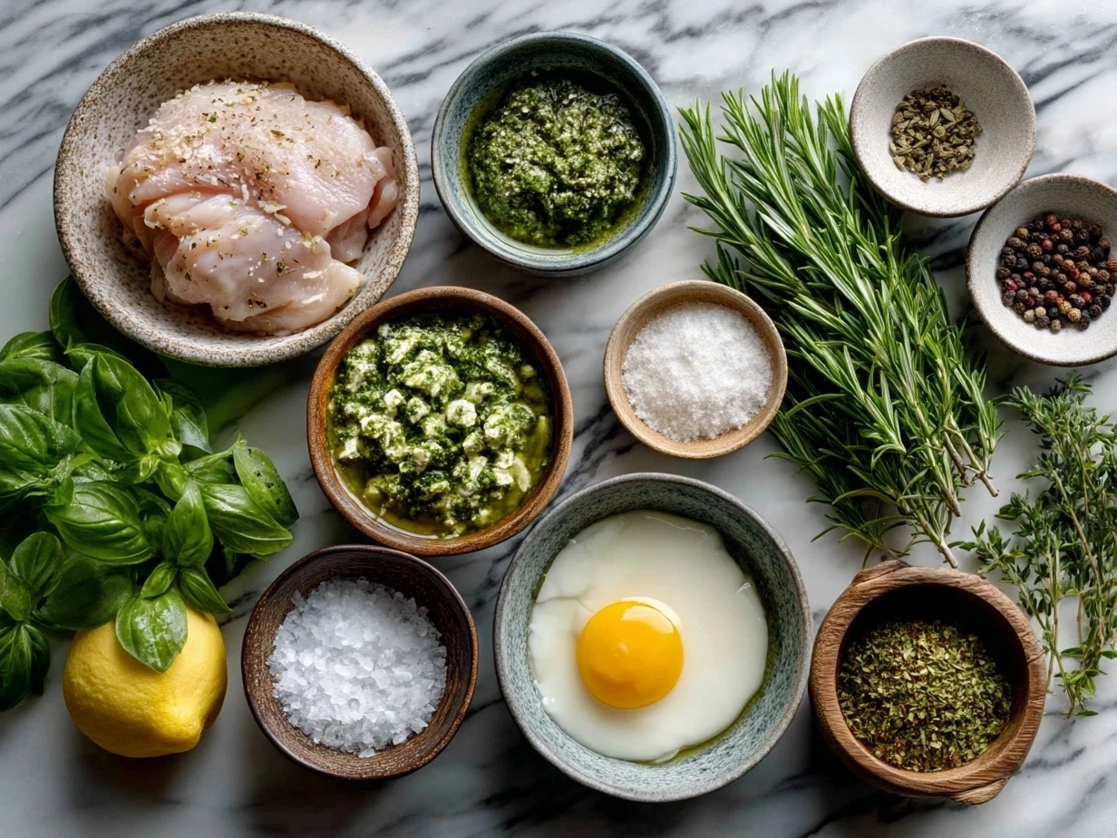 Ingredients for pesto chicken laid out on a kitchen counter
