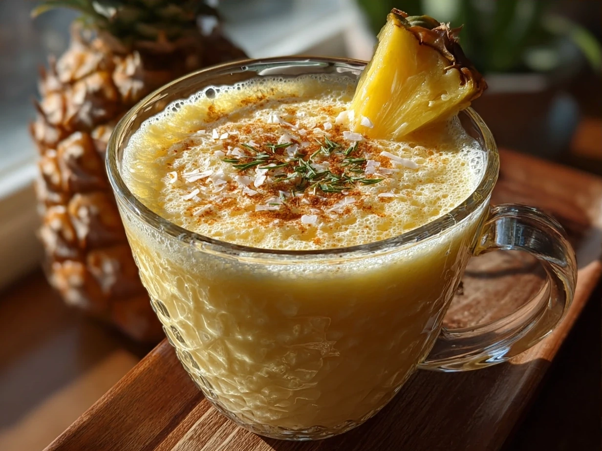 Chilled Pineapple Coconut Smoothie served in a jar with tropical fruit garnish