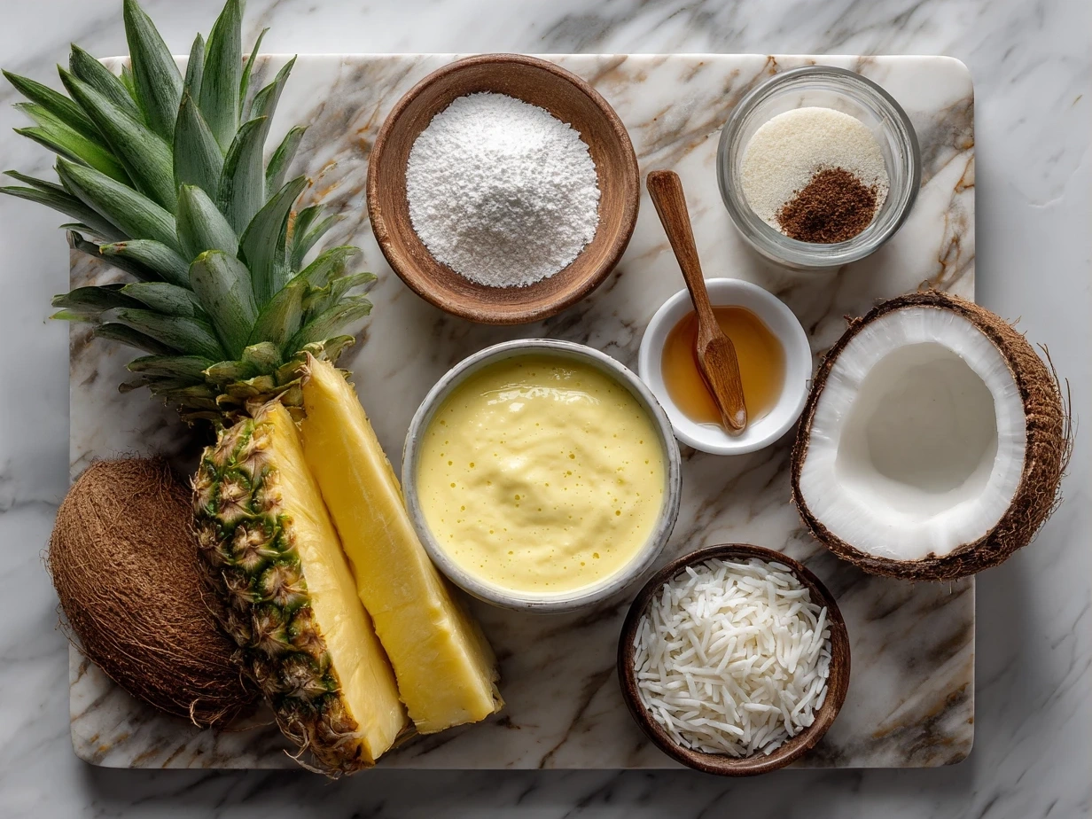 Ingredients for Pineapple Coconut Smoothie including pineapple, coconut milk, lime, yogurt, and seeds