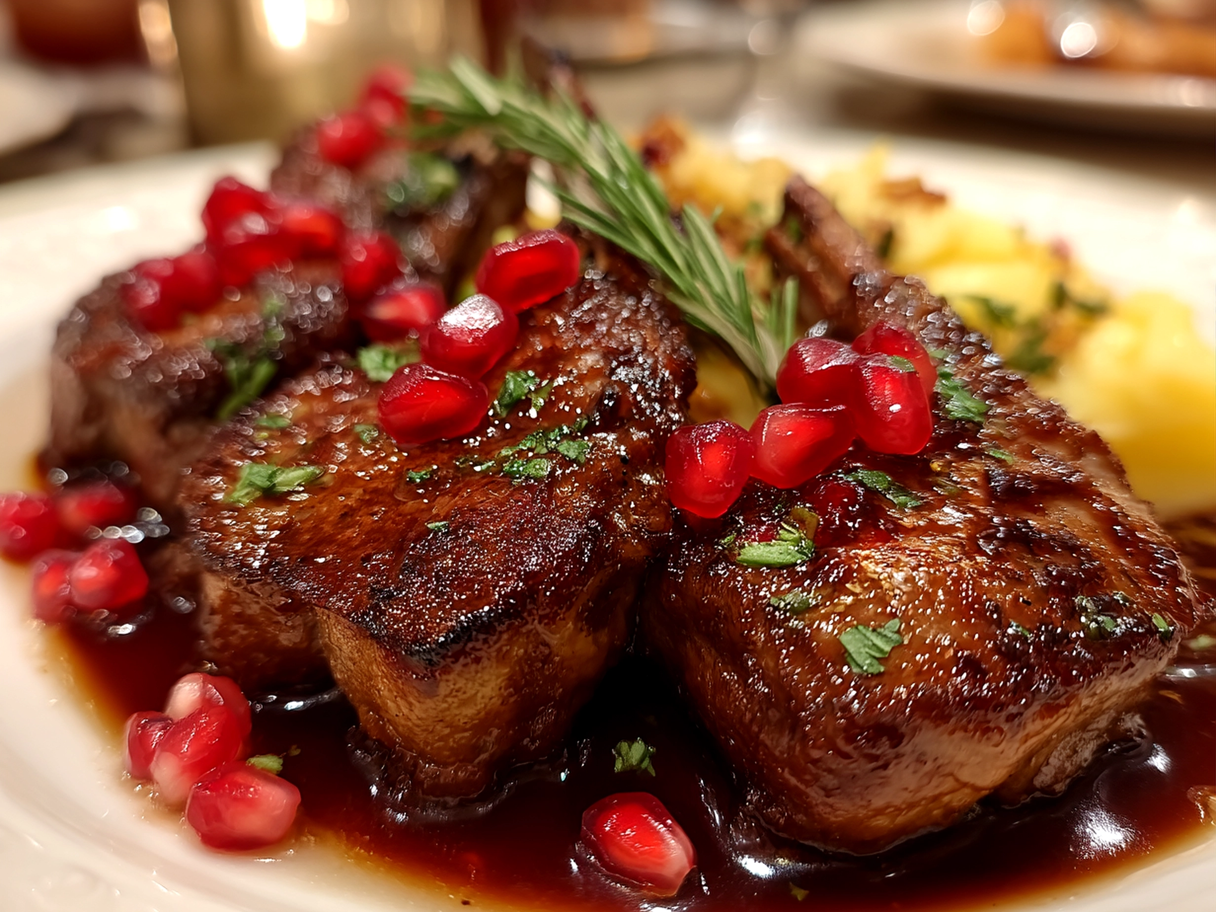 Pomegranate Glazed Lamb Chops served with roasted carrots and herbed couscous