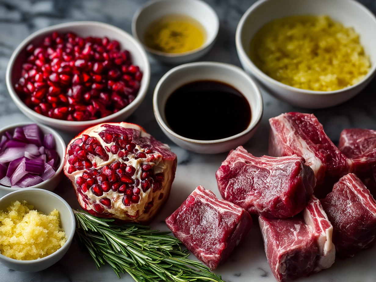 Ingredients for Pomegranate Glazed Lamb Chops including lamb chops, pomegranate juice, honey, garlic, rosemary, and olive oil