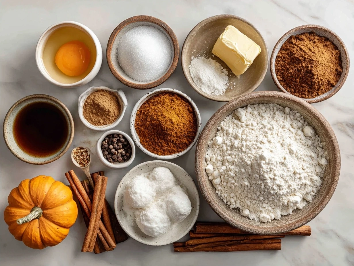 Ingredients for Pumpkin Spice French Toast Casserole, including pumpkin puree, bread cubes, eggs, and spices