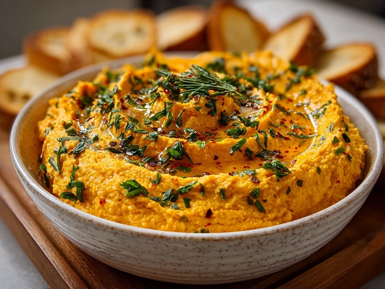 Finished Pumpkin Whipped Feta Dip served in a bowl with dippers