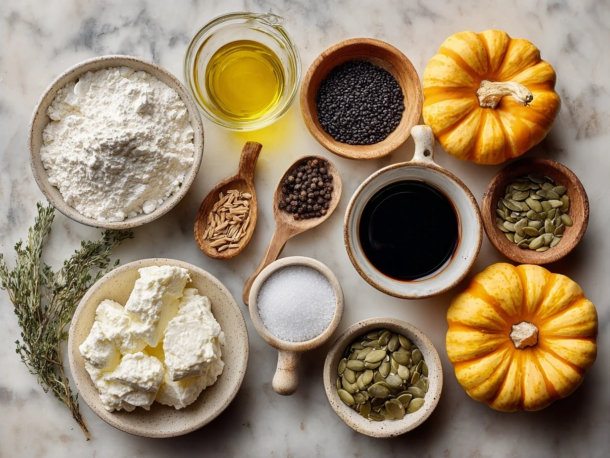 Ingredients for Pumpkin Whipped Feta Dip including pumpkin puree, feta cheese, cream cheese, olive oil, and spices