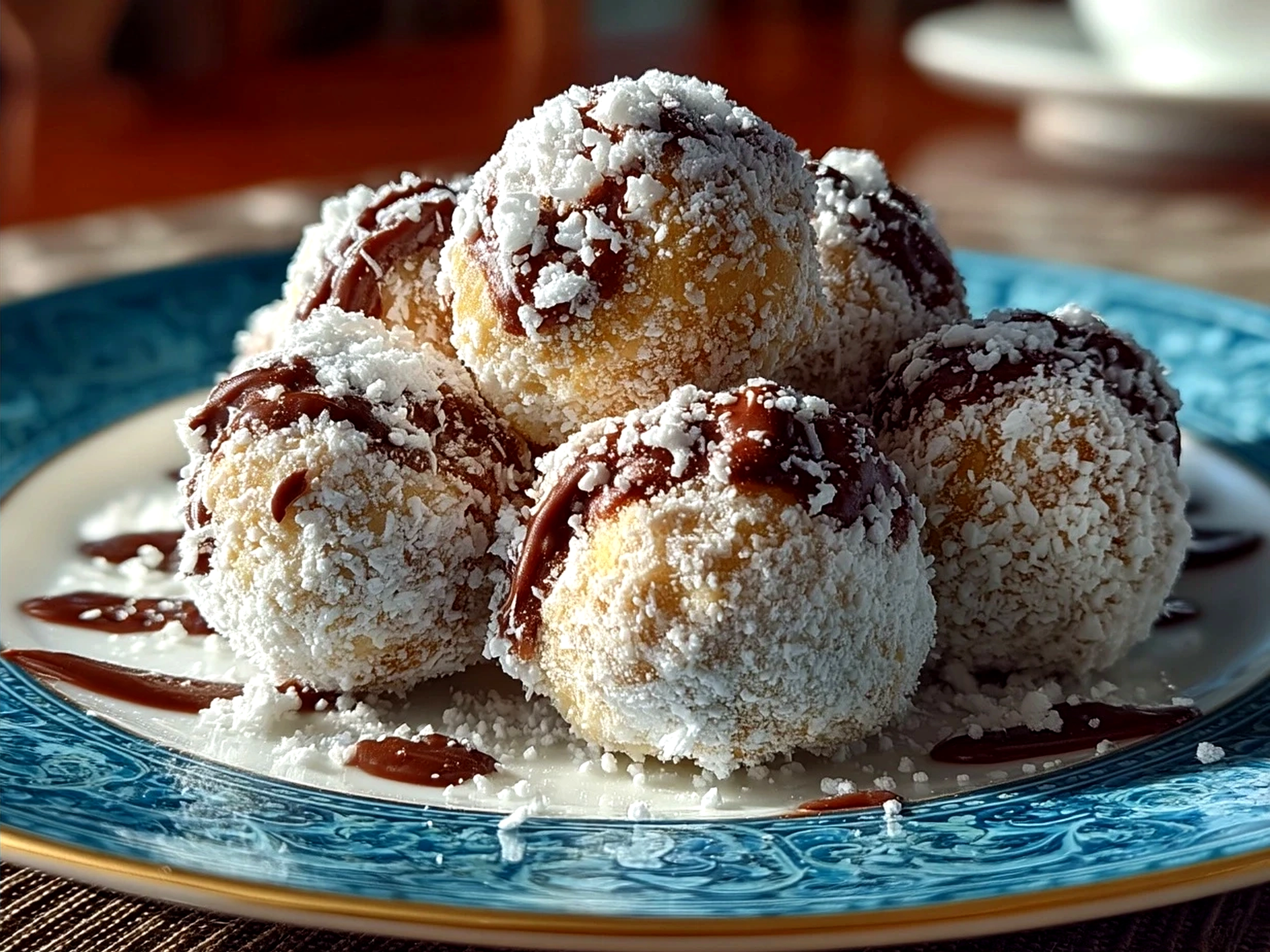 Bowl of Puppy Chow Balls sprinkled with powdered sugar ready to serve