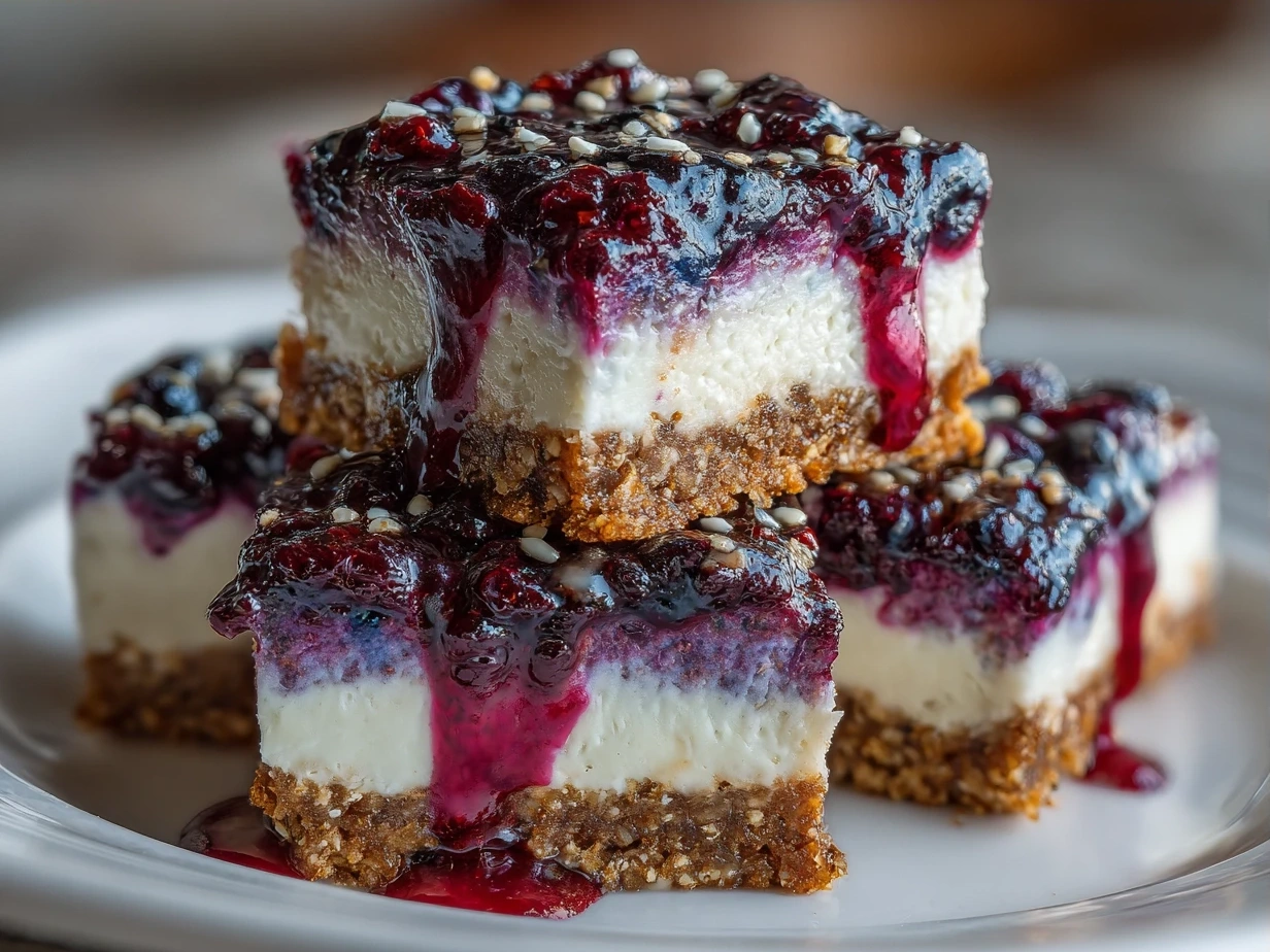 Serving Raw Vegan Blueberry Cheesecake Bars on a white plate with fresh blueberries and mint