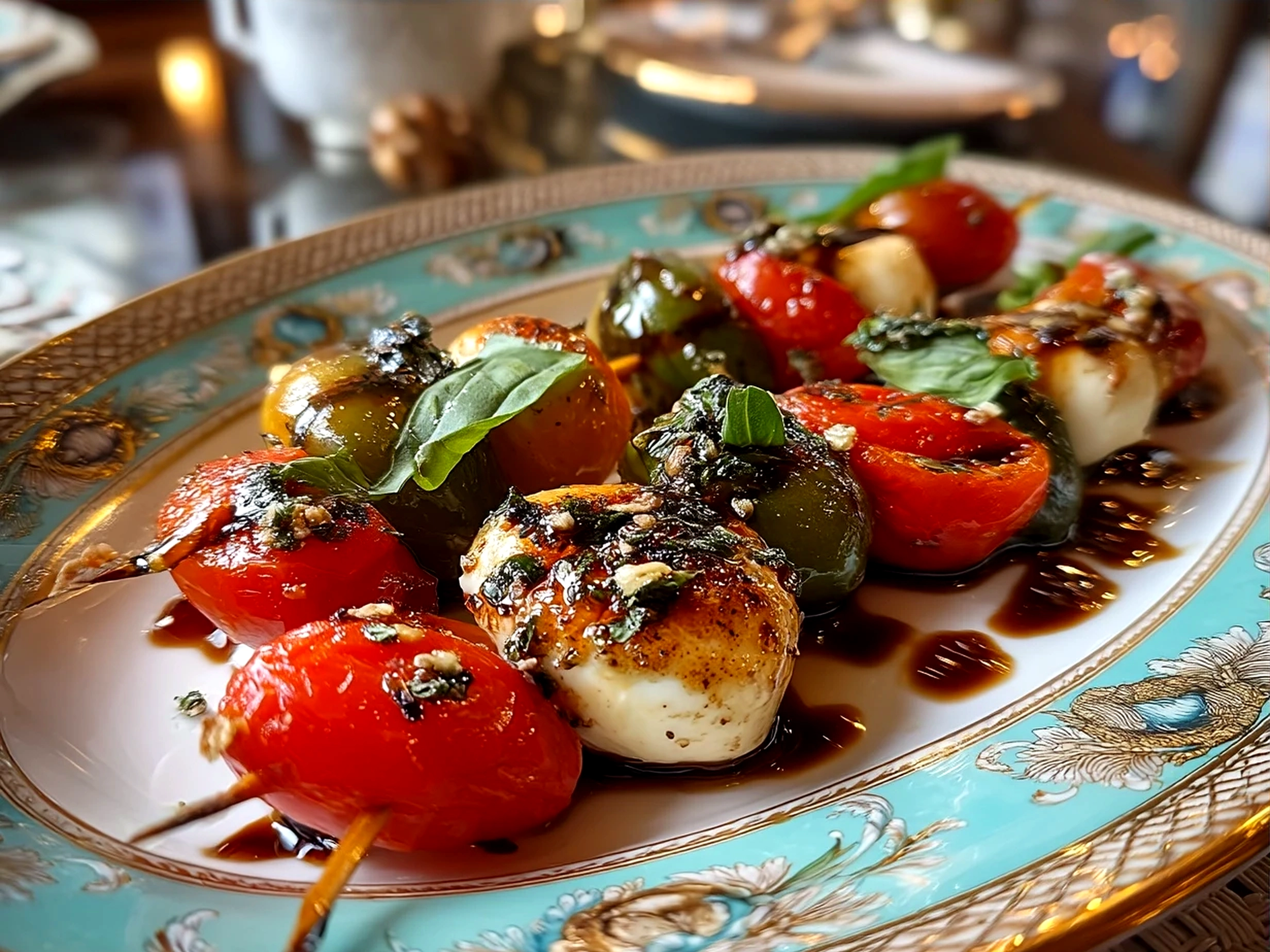 Finished Red and Green Caprese Skewers beautifully arranged on a platter ready to serve