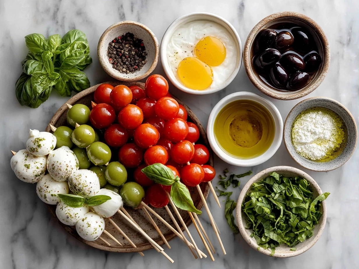 Ingredients for Red and Green Caprese Skewers including cherry tomatoes, mozzarella balls, basil leaves, pesto, and balsamic glaze