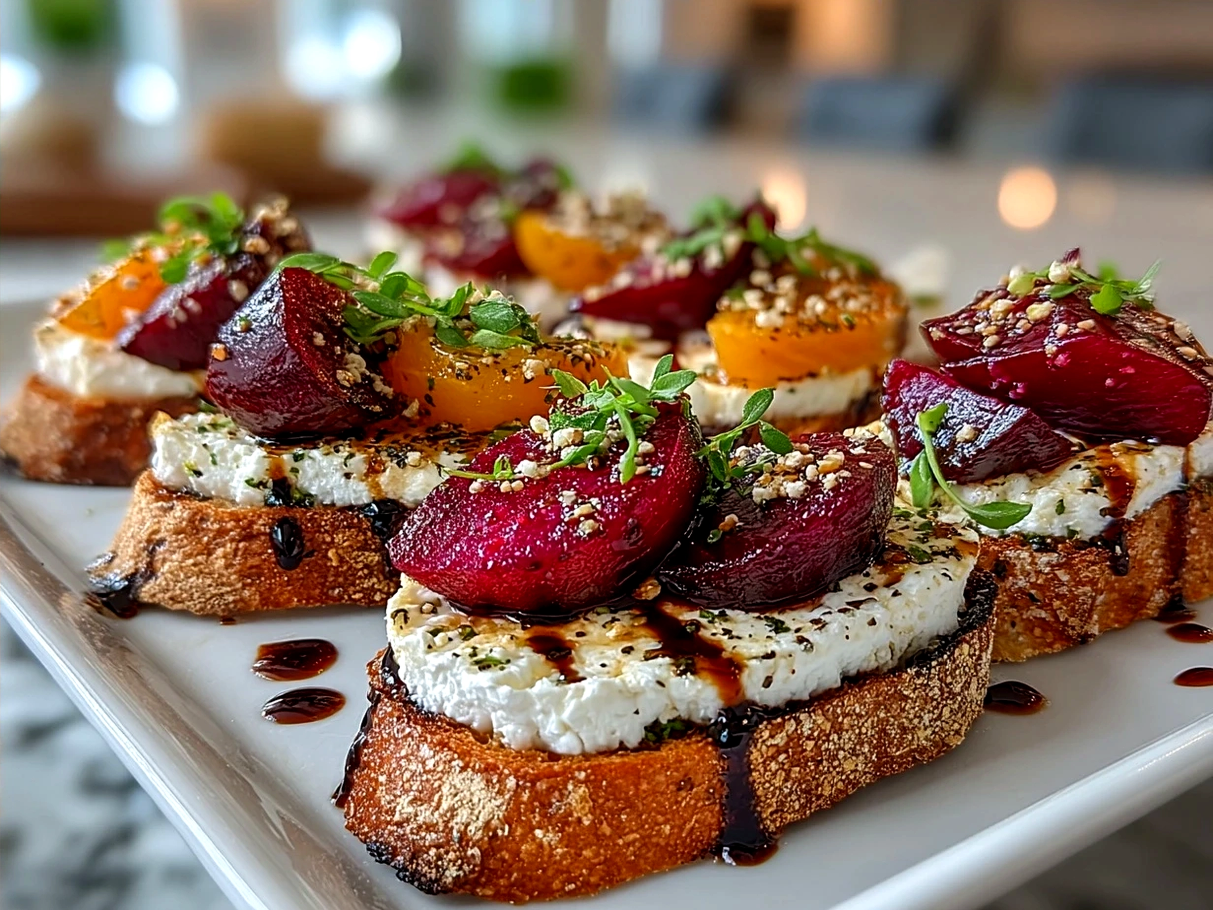 Serving of Roasted Beet Goat Cheese with toasted bread and fresh greens