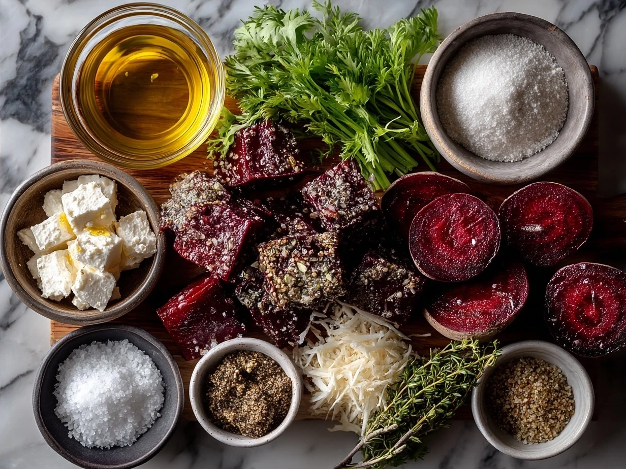 Ingredients for Roasted Beet Goat Cheese including beets, goat cheese, olive oil, balsamic vinegar, herbs, and nuts