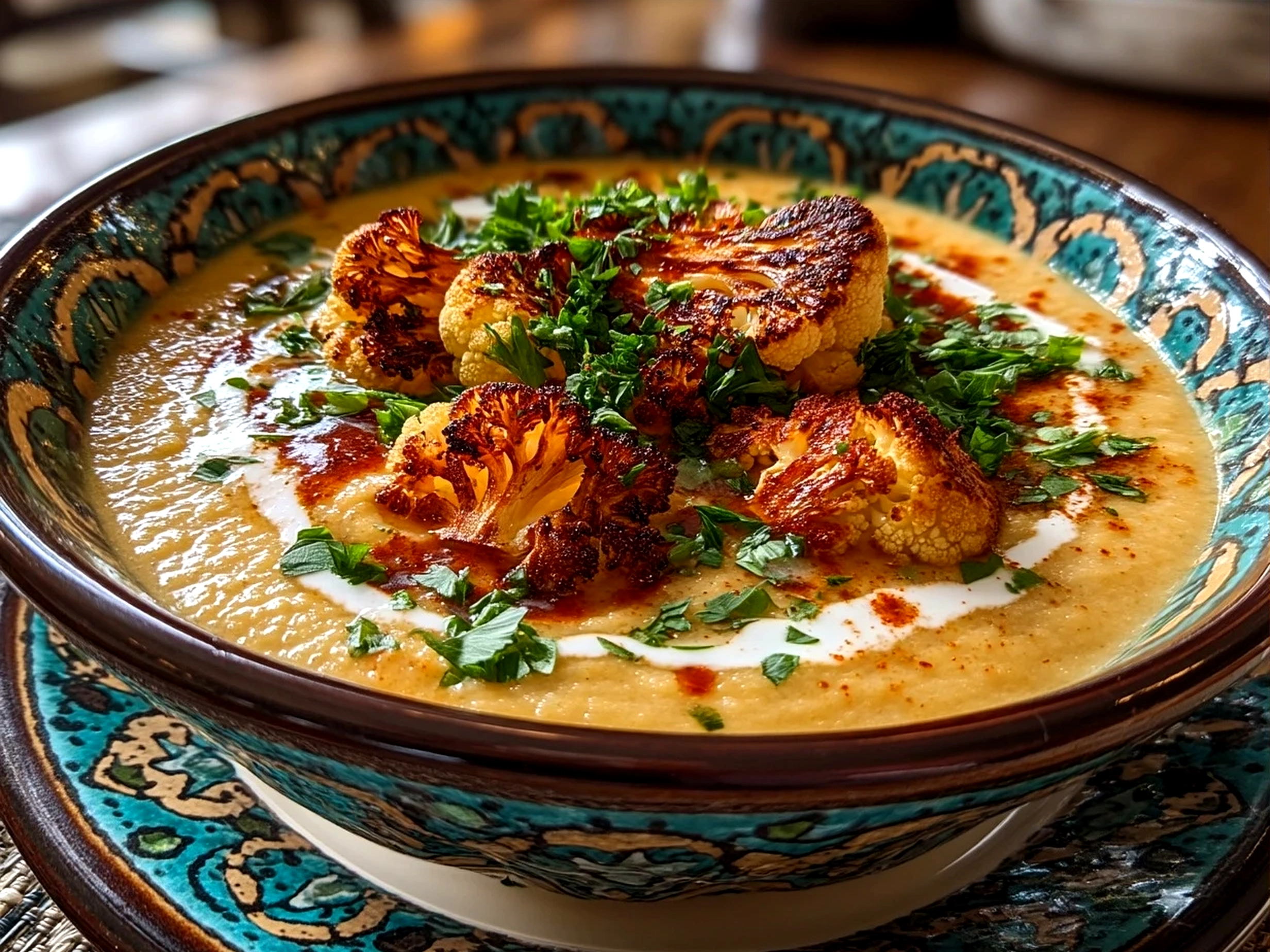 A bowl of creamy Roasted Cauliflower Soup served with toasted bread and herbs