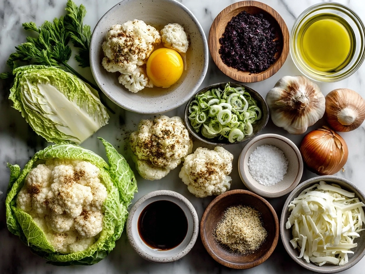 Ingredients for Roasted Cauliflower Soup including cauliflower, olive oil, onions, garlic, vegetable broth, and herbs