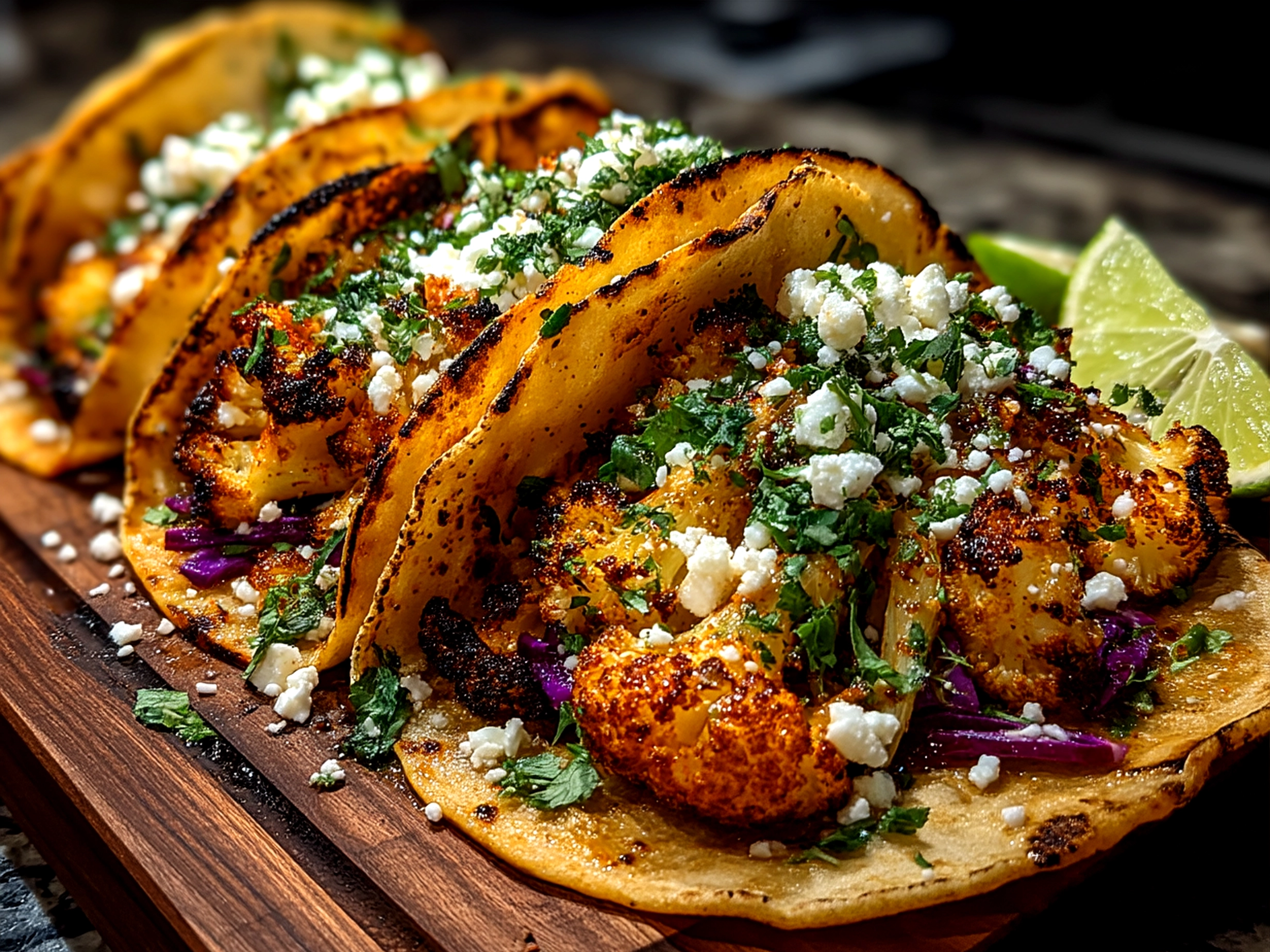 A beautifully plated dish of roasted cauliflower tacos with shredded cabbage and avocado slices
