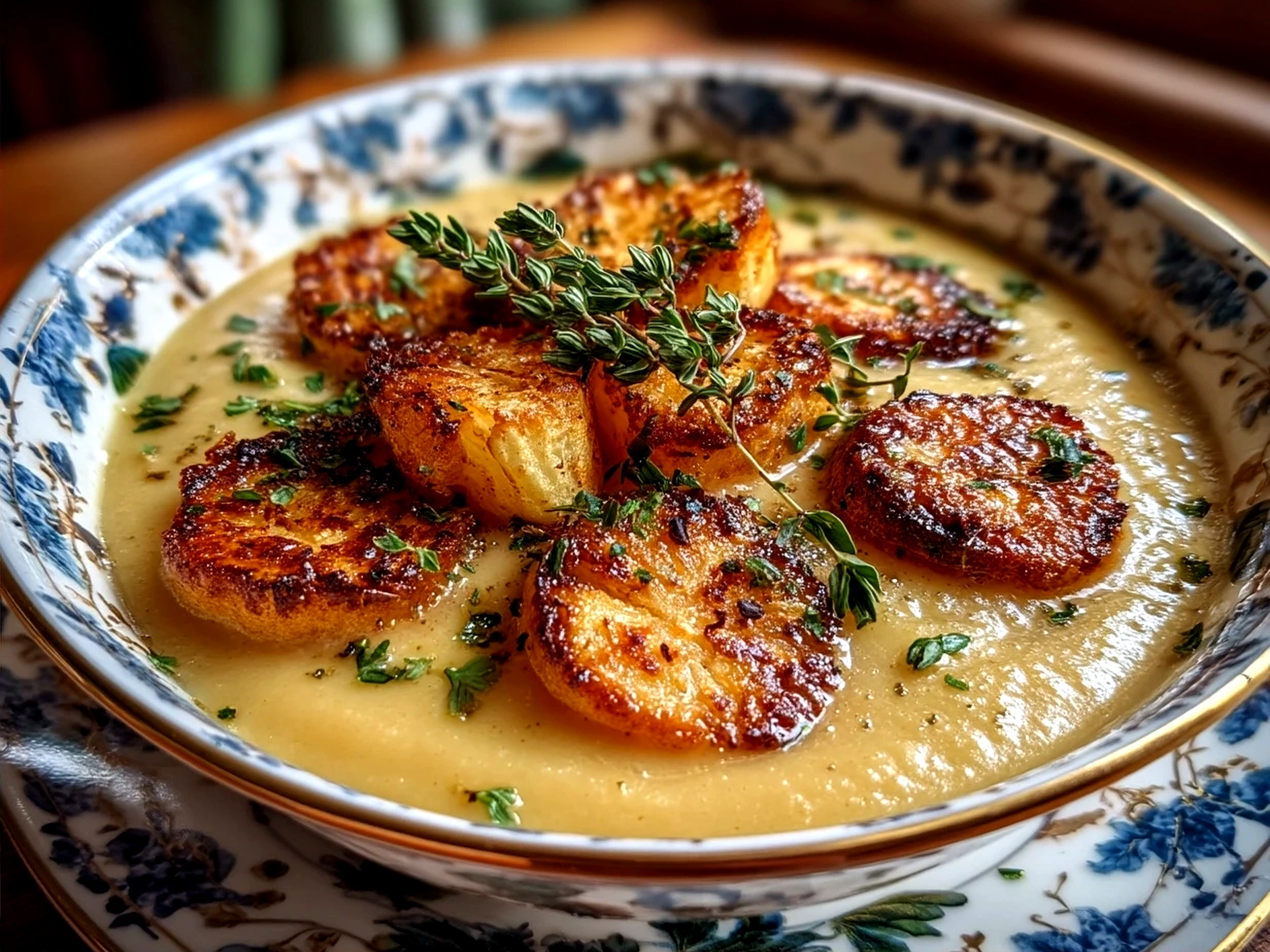 A bowl of creamy Roasted Parsnip Soup with Thyme served with crusty bread and salad