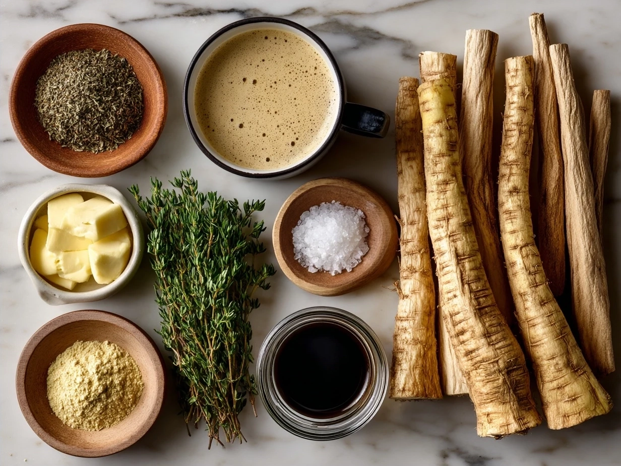 Ingredients for Roasted Parsnip Soup with Thyme including parsnips, onion, garlic, olive oil, broth and thyme