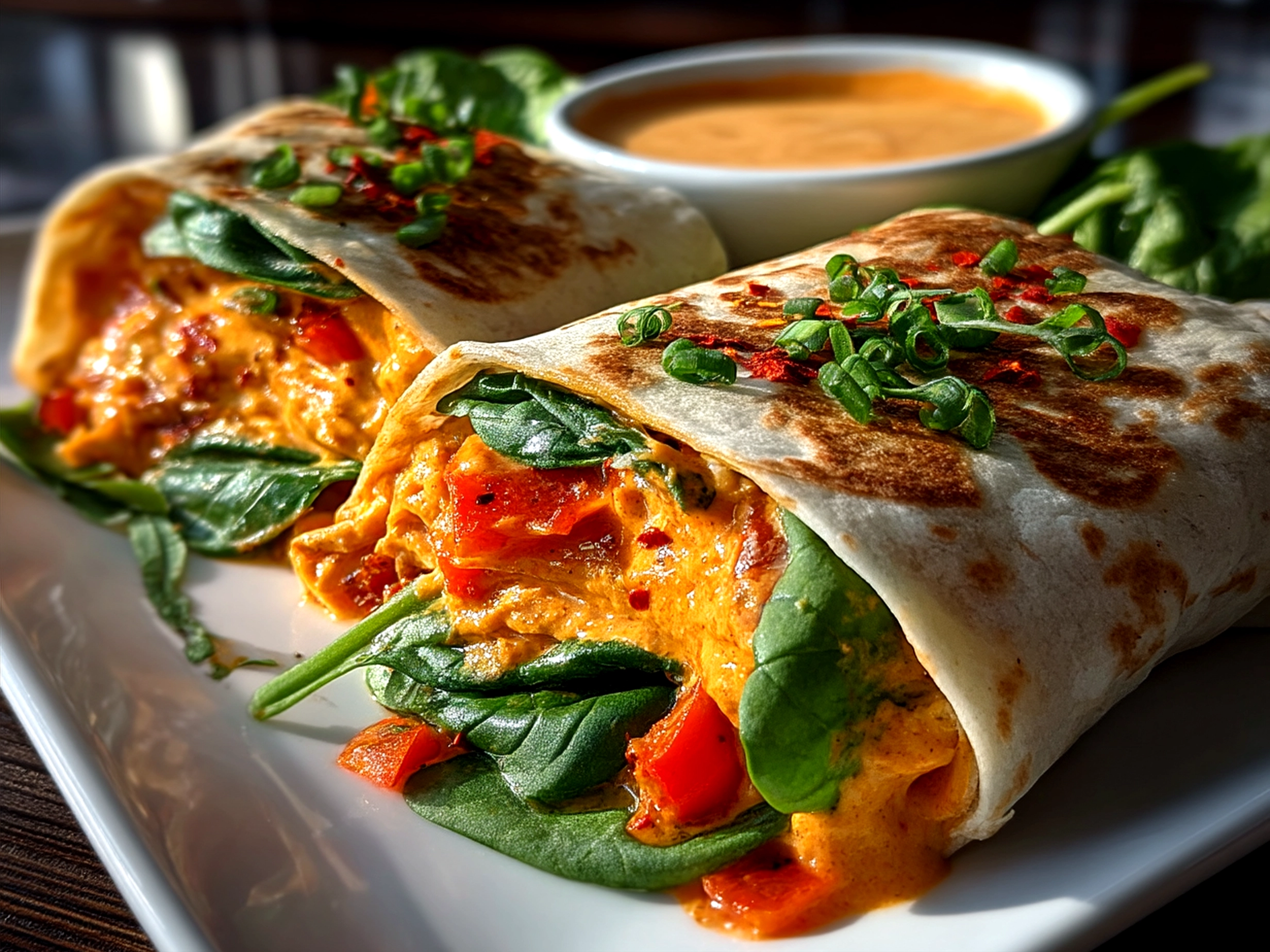 Ready Roasted Red Pepper Hummus Wraps sliced and served on a plate.