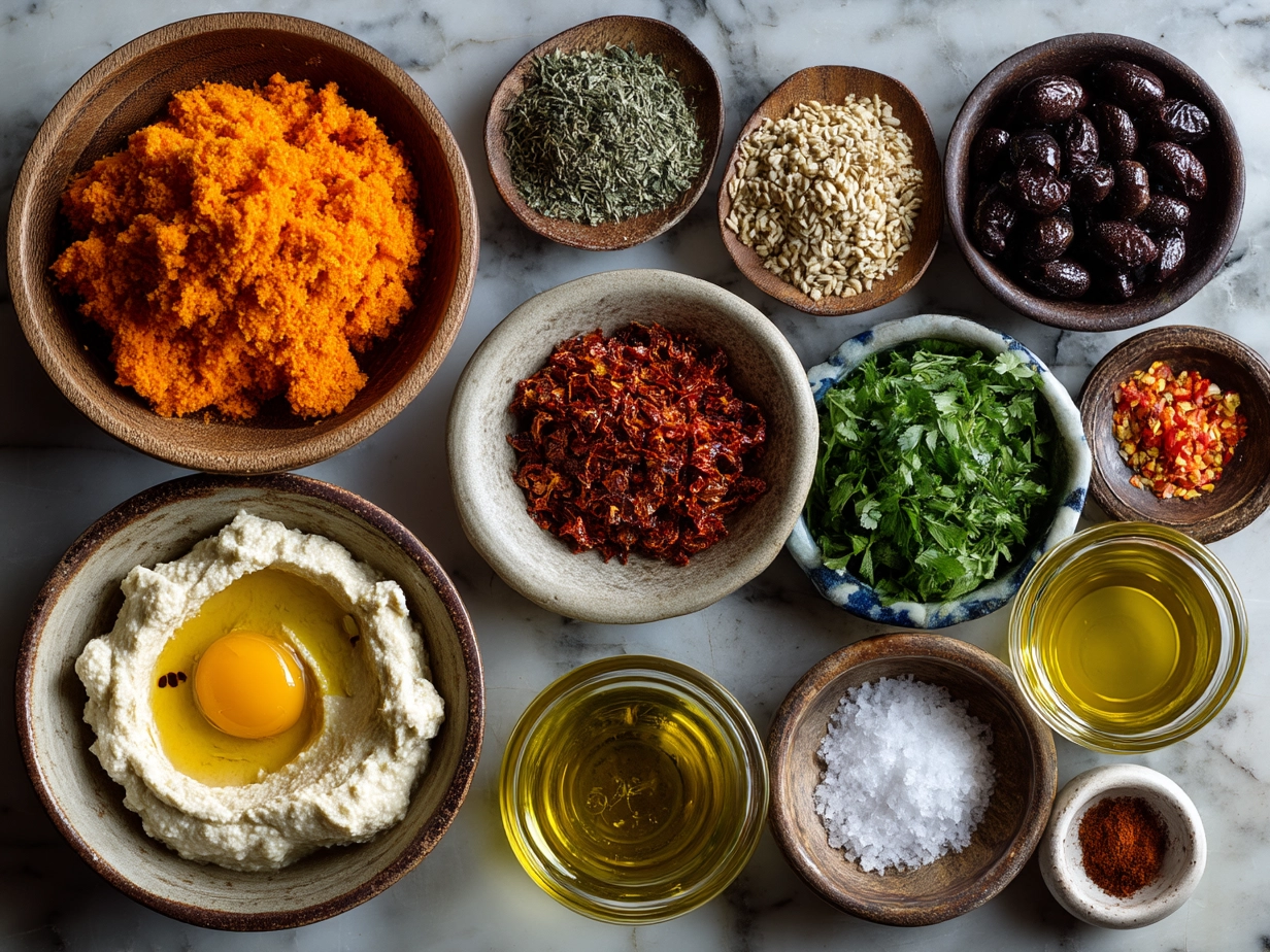 Ingredients for Roasted Red Pepper Hummus Wraps including tortillas, hummus, cucumbers, carrots, spinach, avocado, red onion, feta cheese, and lemon.