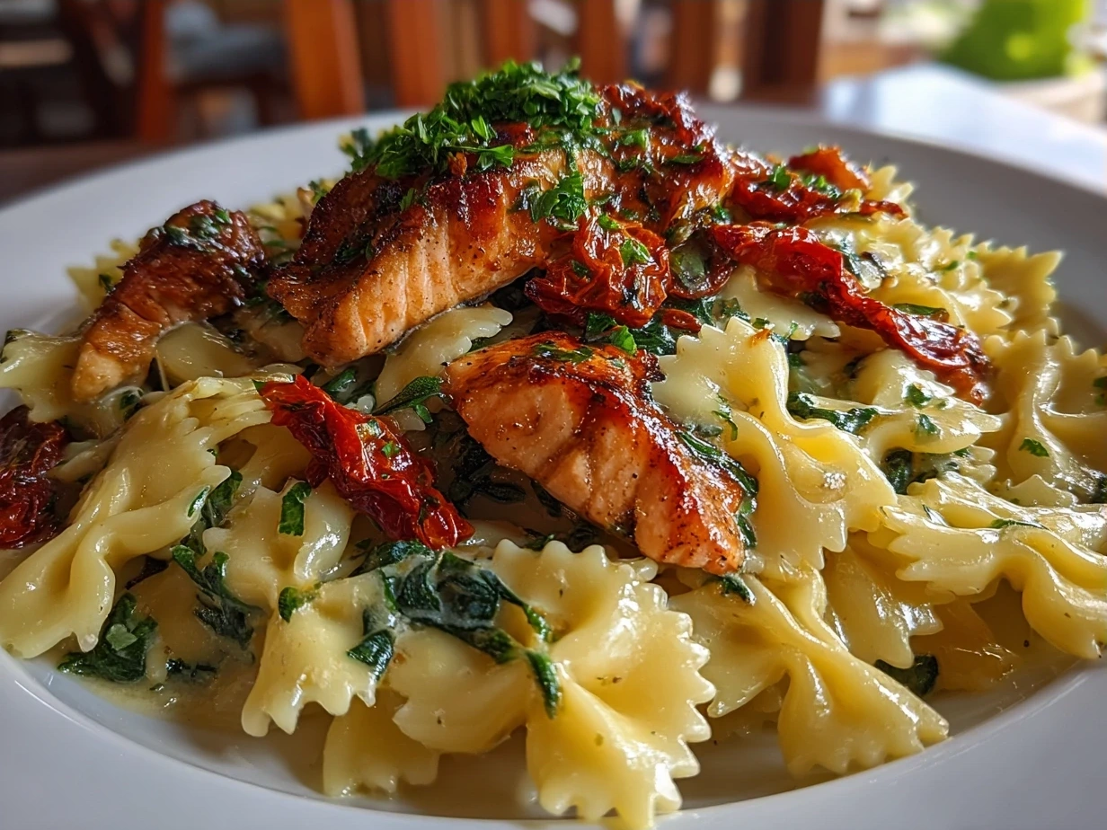 Finished plate of creamy Salmon Pasta Sundried Tomato garnished with fresh parsley