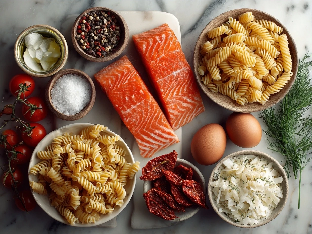 Ingredients for Salmon Pasta Sundried Tomato including pasta, fresh salmon fillets, sundried tomatoes, garlic, cream, parmesan, olive oil, salt, pepper, and parsley