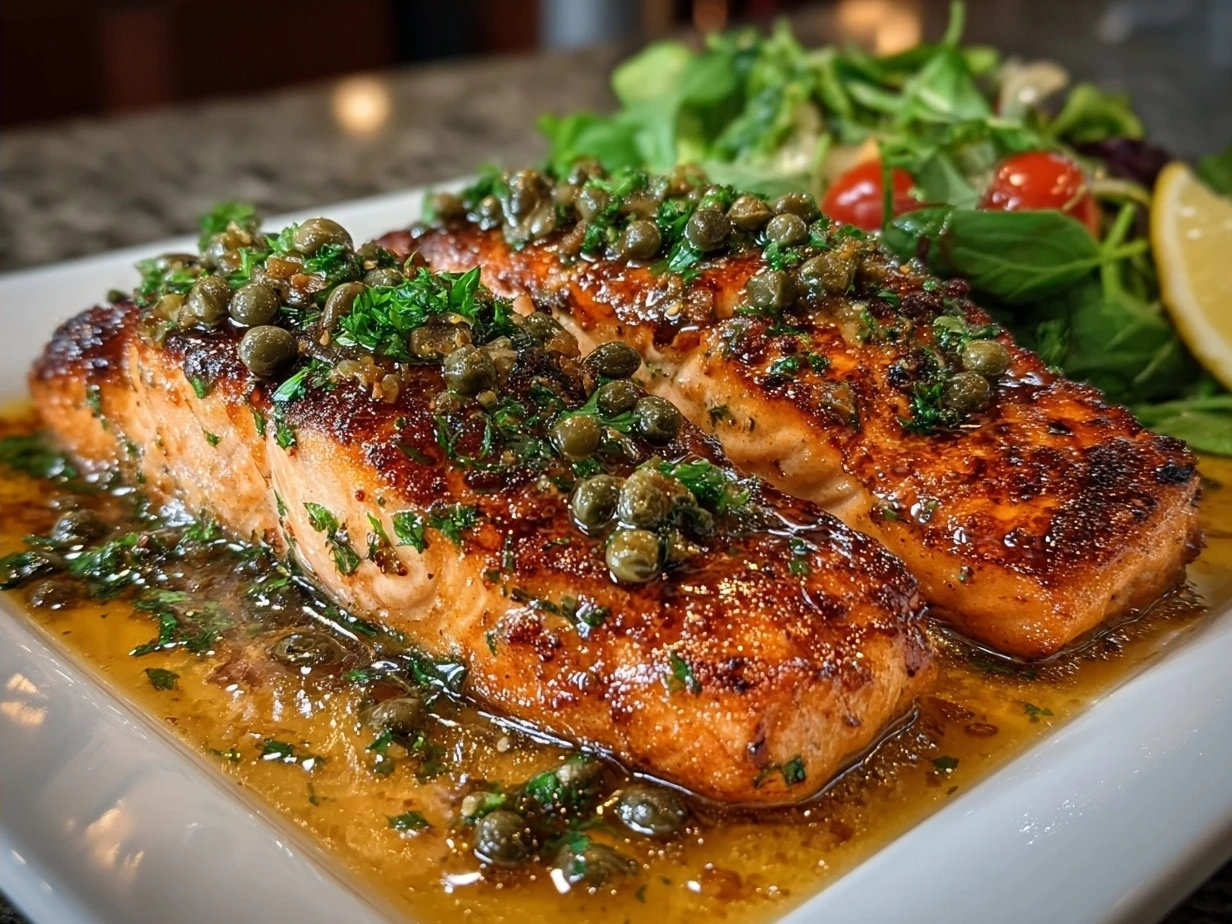 Finished plate of Salmon Piccata garnished with fresh parsley and lemon slices